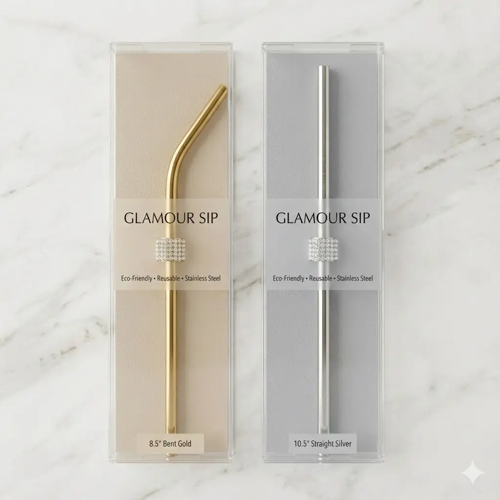 Luxe Reach: Extra Long 10.5" Rhinestone Stainless Steel Straw Set for Tumblers (Gold & Silver)