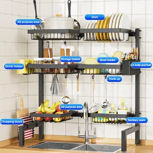 1pc Countertop 3-Tier  Dish Storage Drainage Rack Expandable Kitchen Sink Shelf Dish Rack Drainer Black Kitchen Organizer