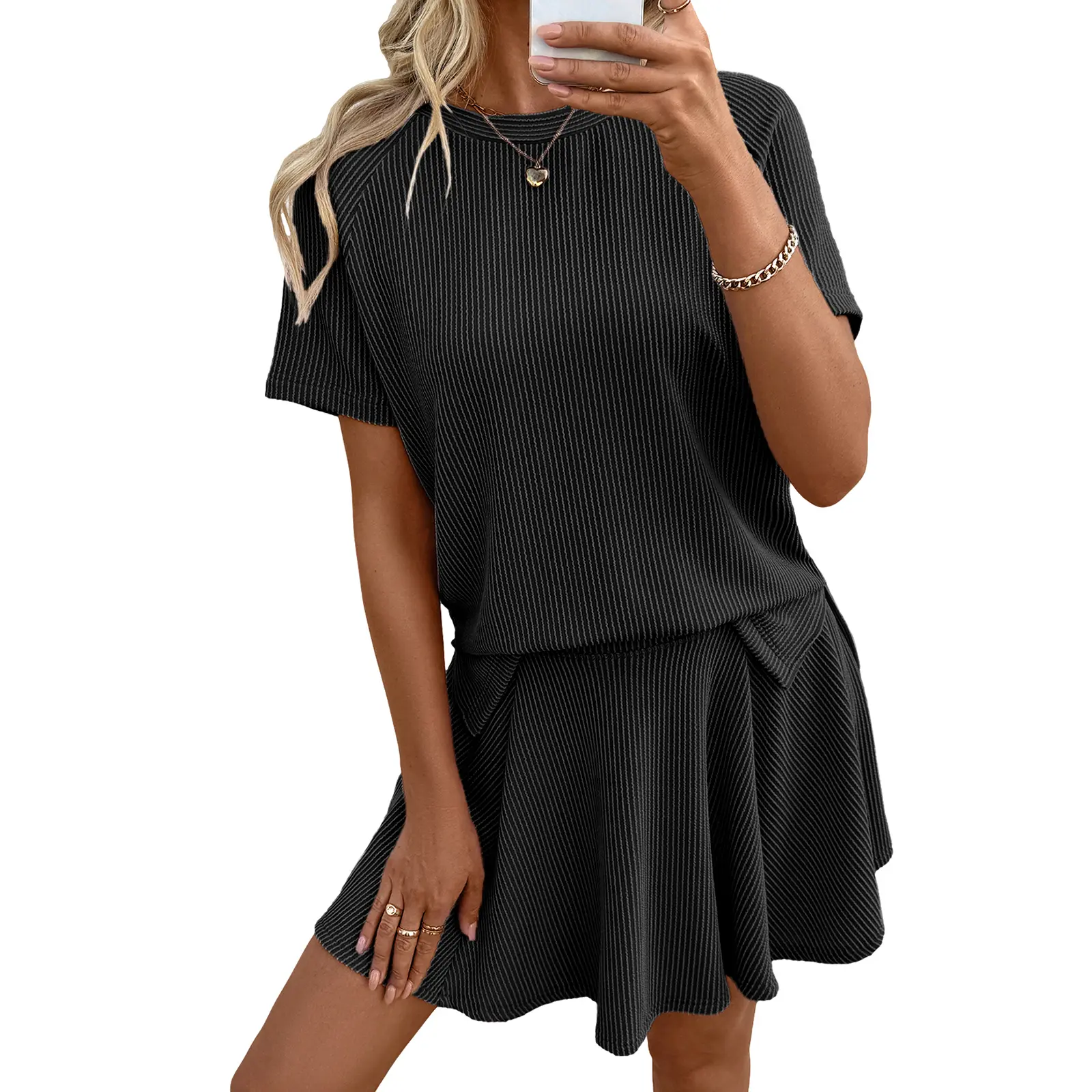 EVALESS Women's 2 Piece Sets Ribbed Knit Short Sleeve Tops & Lined Pleated Mini Skirt Lounge Sets Comfy Summer Outfits Soft Tracksuit Basic Casual Womenswear Deals For You Days summer outfits Aesthetic