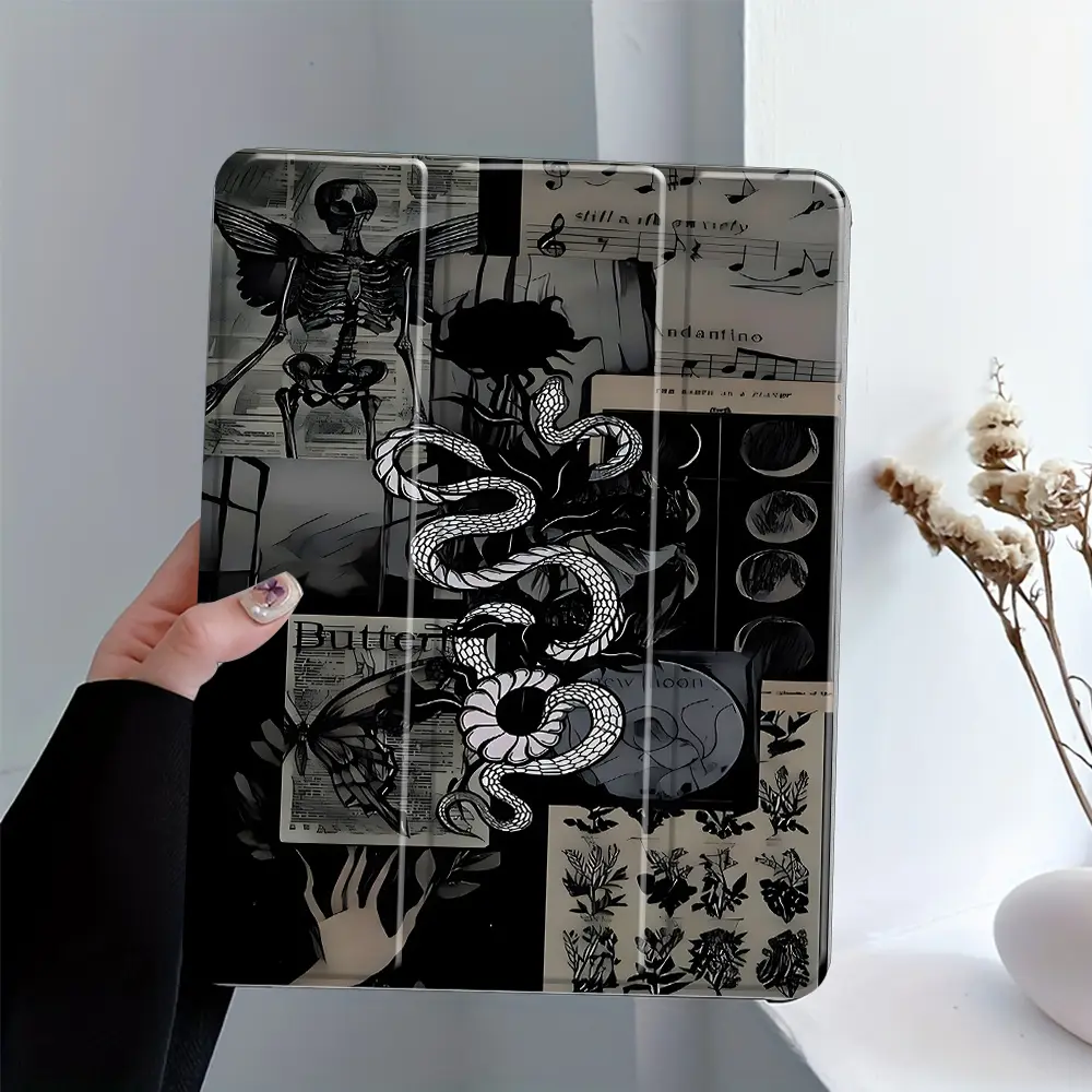 Gothic Skeleton Snake Design iPad Case, Casing, Three-tiered stand iPad case, Transparent Acrylic Hard Back Panel With Pencil Slot, Suitable for All models of ipad Scratch-resistant Protective Case, Shock-resistant Full Cover, Tablet Accessories