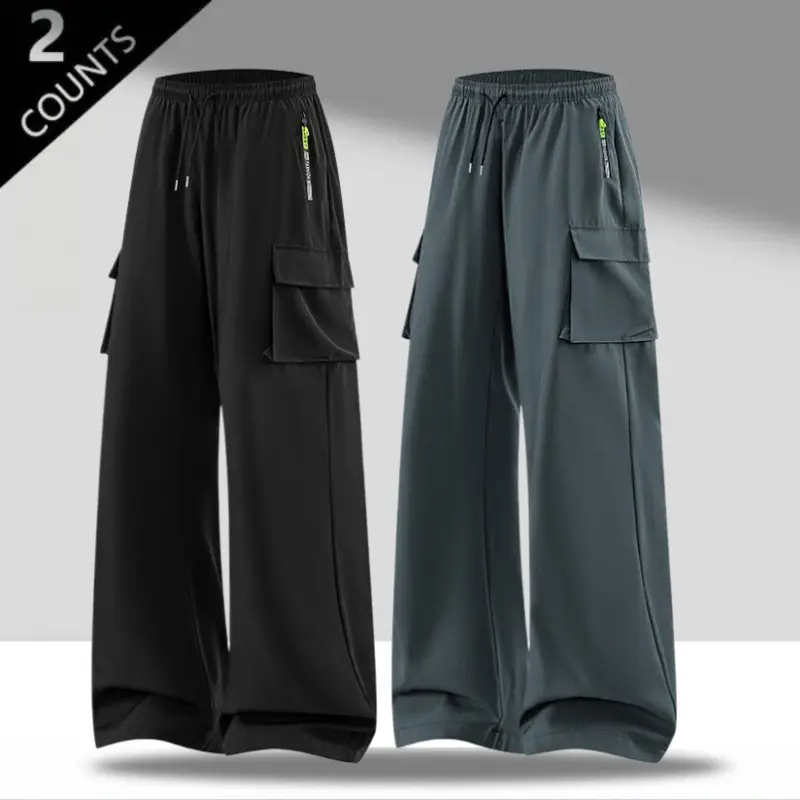 Unisex dual large pocket wide leg parachute cargo pants – high elastic drawstring waist, side zip pocket, smooth quick dry wrinkle resistant drapey fabric, American high street techwear baggy trousers for skateboarding, camping & commuting