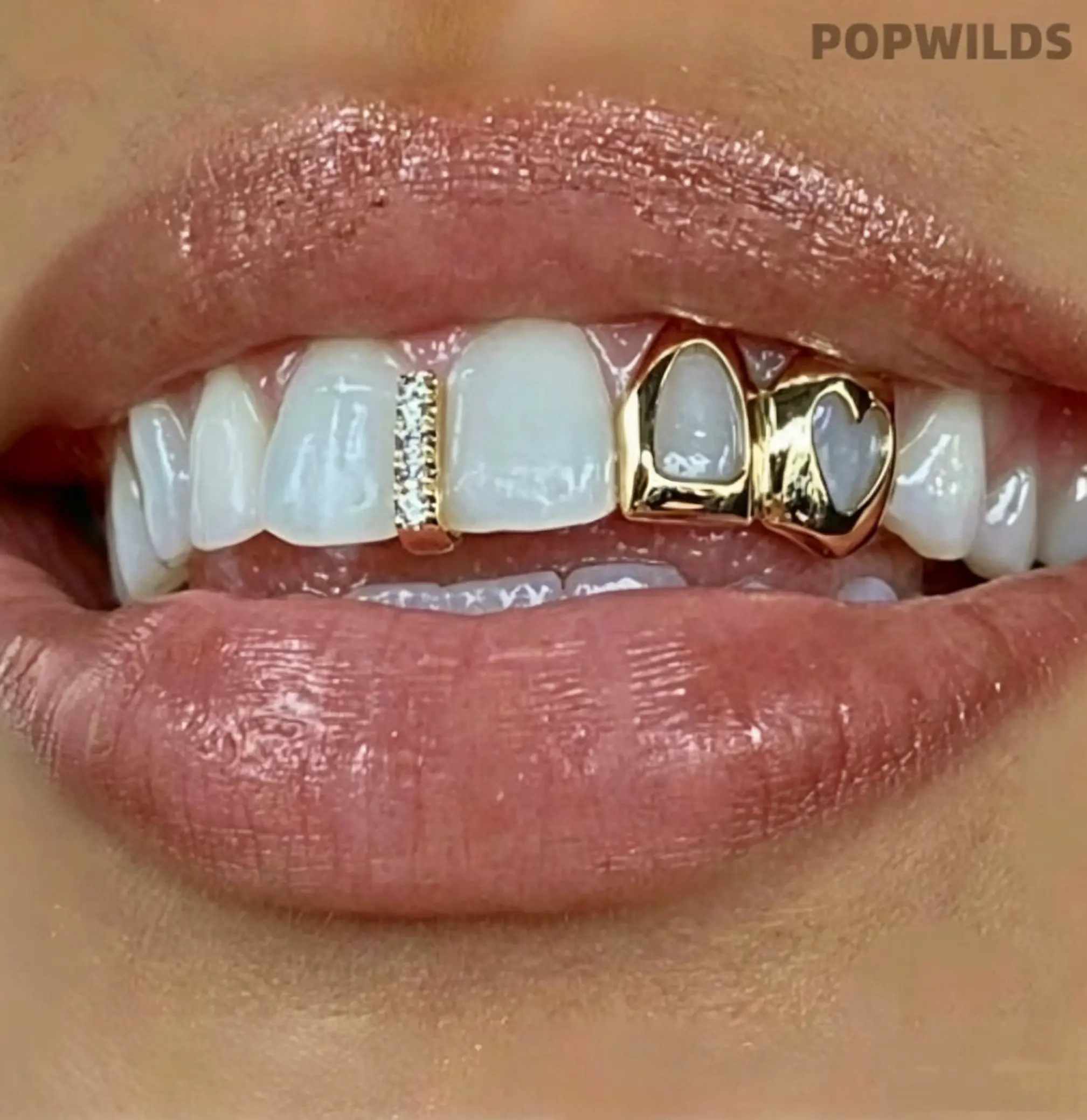 Hollow Heart Grillz with a Sleek Gold Finish, Double Tooth Hip-Hop Teeth Accessory for Street Style and Parties, Dental Accessory, Stylish Accessories
