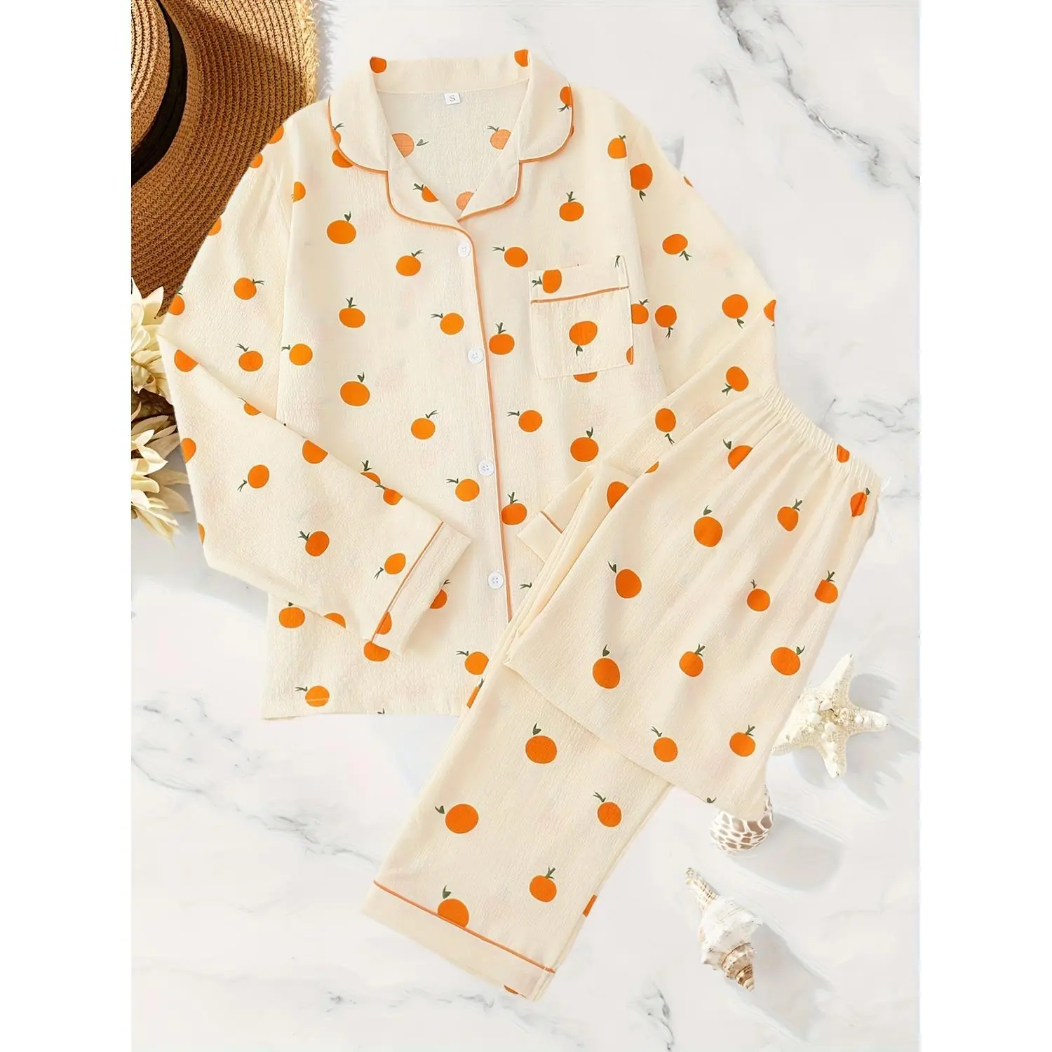 Women's Orange Printed Collared Long Sleeve Pantsuit