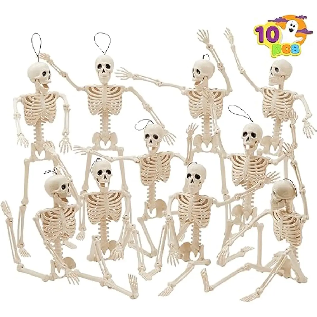 10 PCS 16" Halloween Skeleton Decor, Full Body Stayable Movable Joints, Posable Hanging Skeletons for Halloween Decoration, Yard, Graveyard, Haunted House Props, Spooky Scene Party Favor
