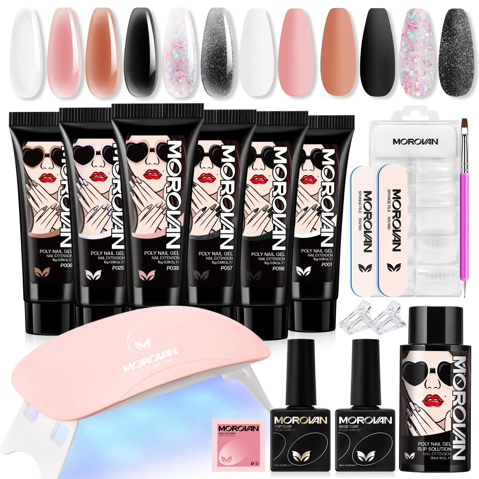 MOROVAN 6-Color Poly Gel Nail Starter Kit - Complete Nail Extension Kit with UV Lamp for Beginners
