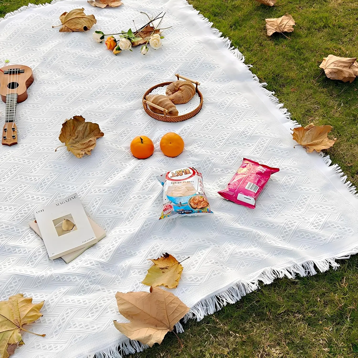 Bohemian Woven Cotton Picnic Blanket - Fabric, 91*71 Inch Multi-Size (65 In & Above), Sand-Resistant, Lightweight, Quick-Drying, Portable, Easy-Clean, Machine-Washable Rectangular Camping Gear for 3-4 People (Beach, Park)