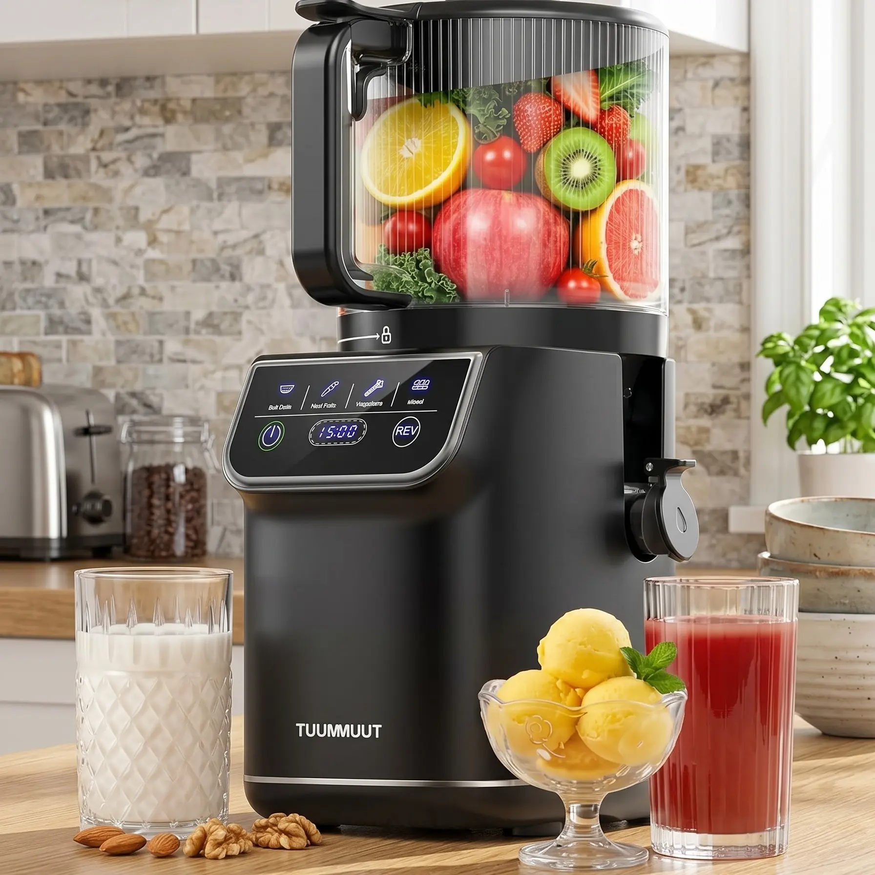 3-in-1 Cold Press Juicer Machine, Smart Touch Masticating Juicers for Whole Fruit & Vegetable, 6.5" Wide Chute Slow Juicer for Nut Milk & Sorbet, High Yield, 100oz Large Capacity, Easy Clean,SummerVibes