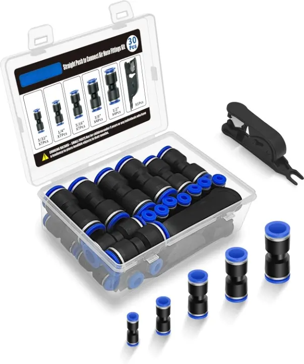 Straight Push to Connect Air Hose Fittings, 30Pcs Pneumatic Quick Connect Fittings Kit with Tubing Cutter for 5/32" 1/4" 5/16" 3/8" 1/2" Air Line, Nylon & PU Tubing