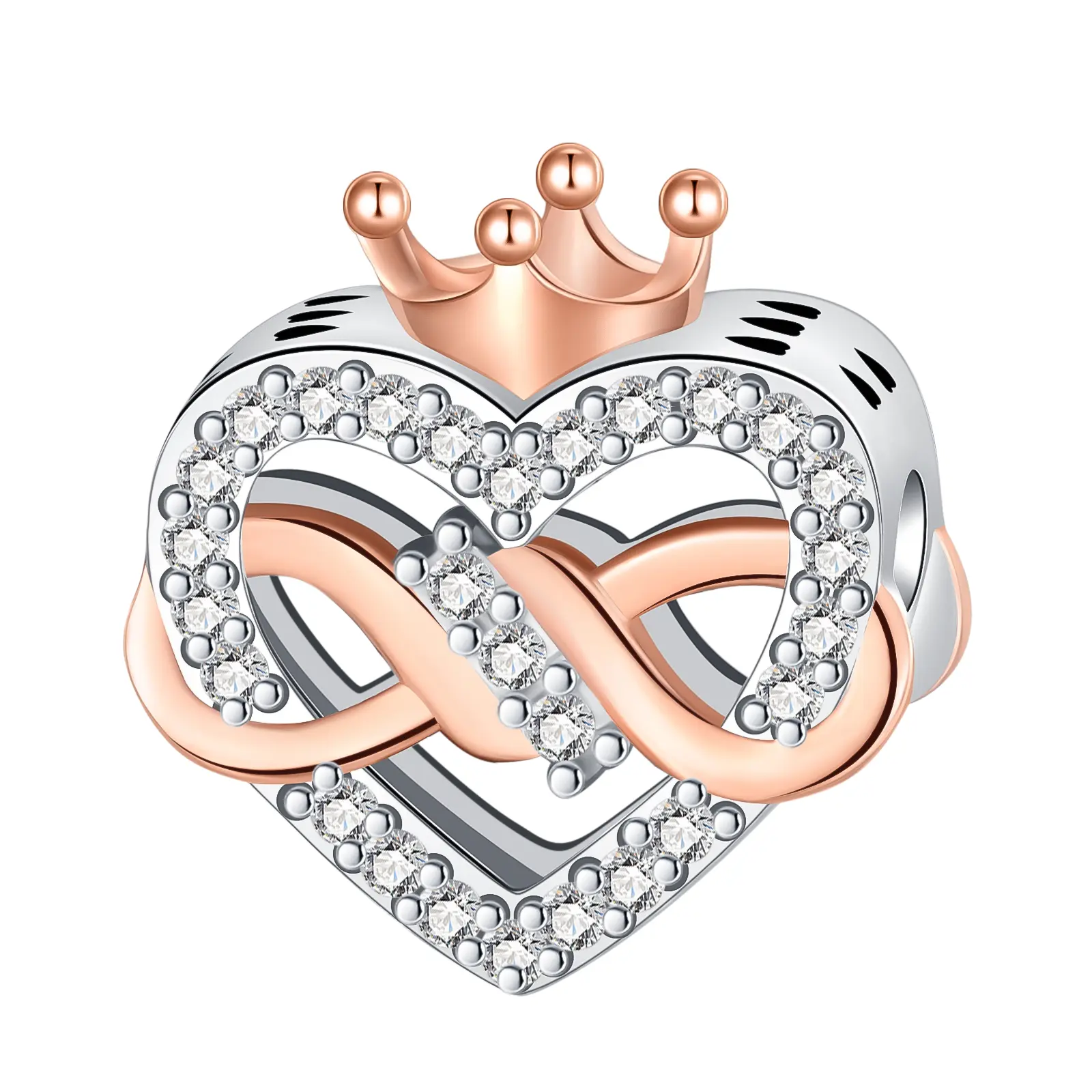 Crown Infinity Heart Charm Bead, Copper Silver-Plated, Two-Tone Rose Gold Accent, for Romantic Jewelry, Valentine’s Day/Mother’s Day/Anniversary Gifts