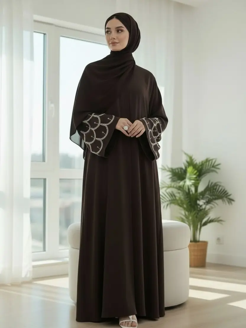 Twin Garb Women's Modest Islamic Open-Front Abaya - Navy Blue Solid Loose Maxi Dress, Silver Beads Long Bell Sleeves, Soft Nida Drape Fabric, Flowy Minimalist Silhouette, All-Season Wear, Elegant for Formal Gatherings