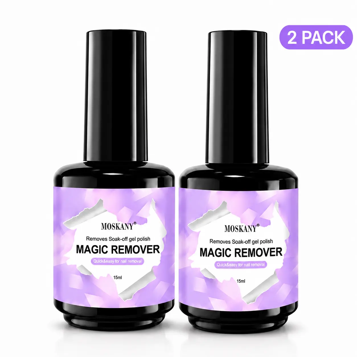 Fast Removal Gel Nail Polish Remover (2 Packs, 15ml Each) with Brush Applicator, Soak-Method Formula, Works in 3-5 Minutes for UV Nail Polish, Manicure Care Beauty Product