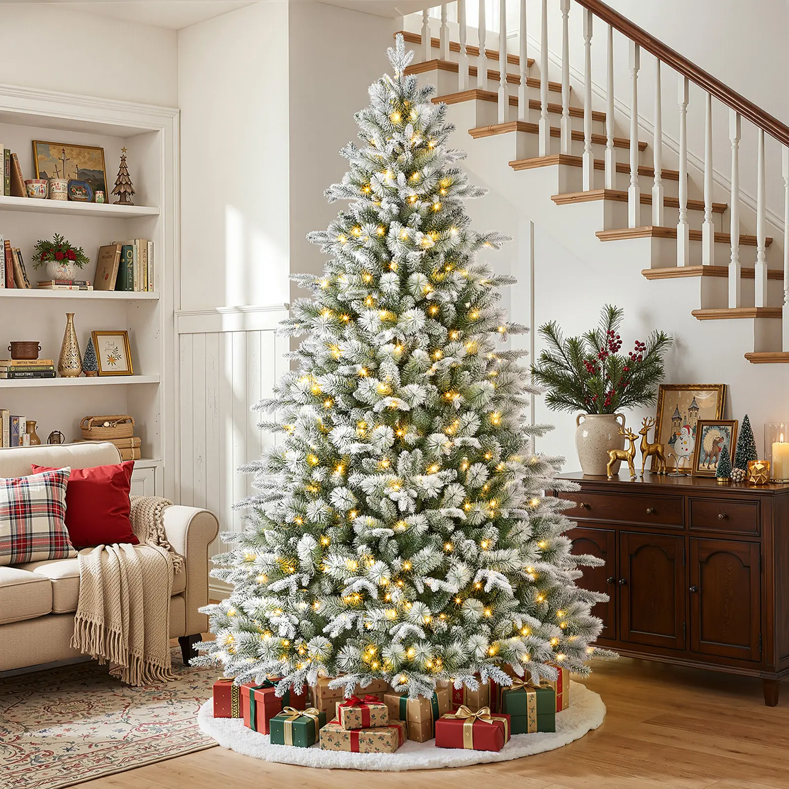 SHareconn 7.5FT Flocked Princess Pine Christmas Tree, 500 Pre-Lit Clear Twinkle Lights, Trunk-Powered Full-Lit Design, 3338 Lifelike Tips, Indoor Holiday Decor