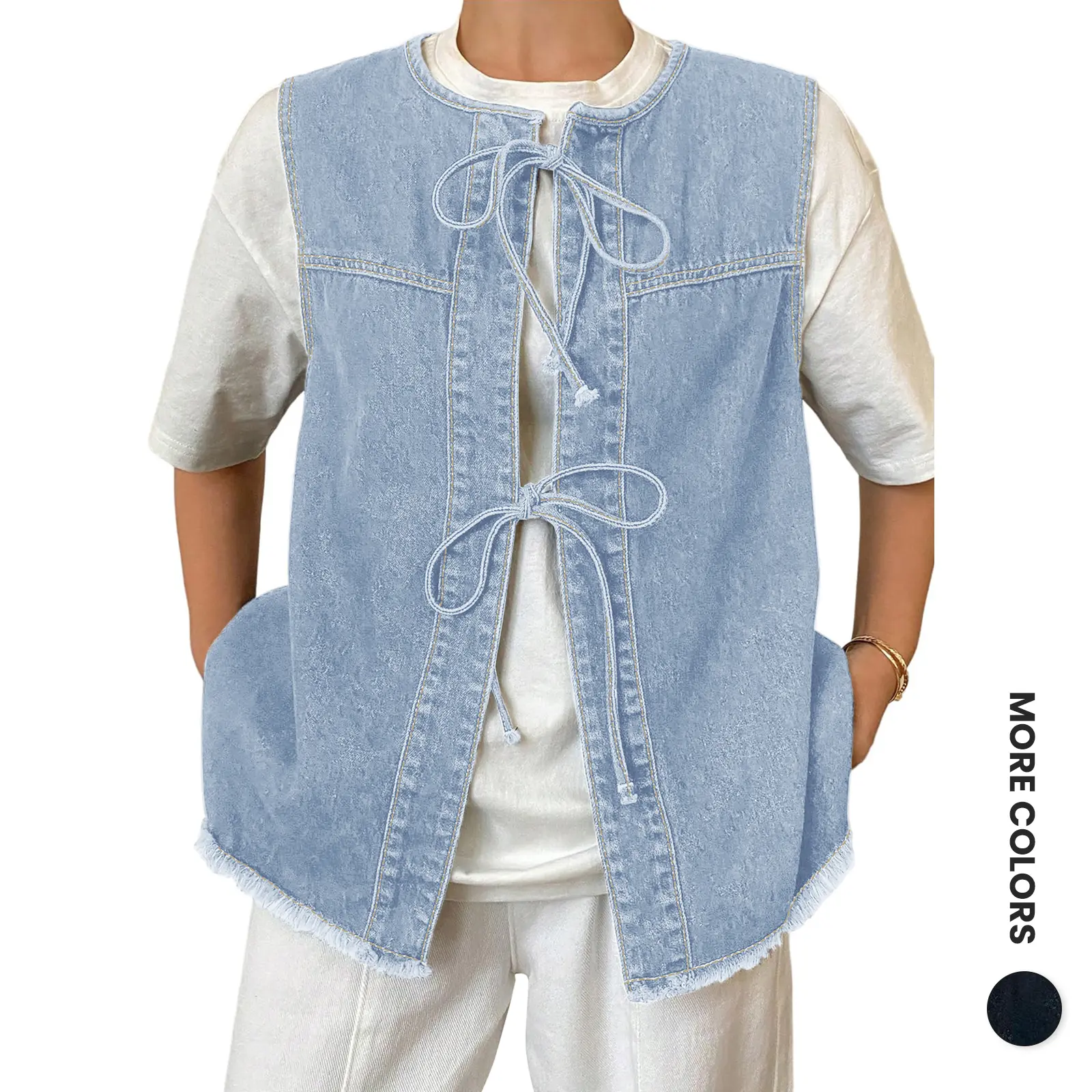 Women's Tie-Front Sleeveless Denim Vest, Casual Jean Waistcoat Top for Daily Wear