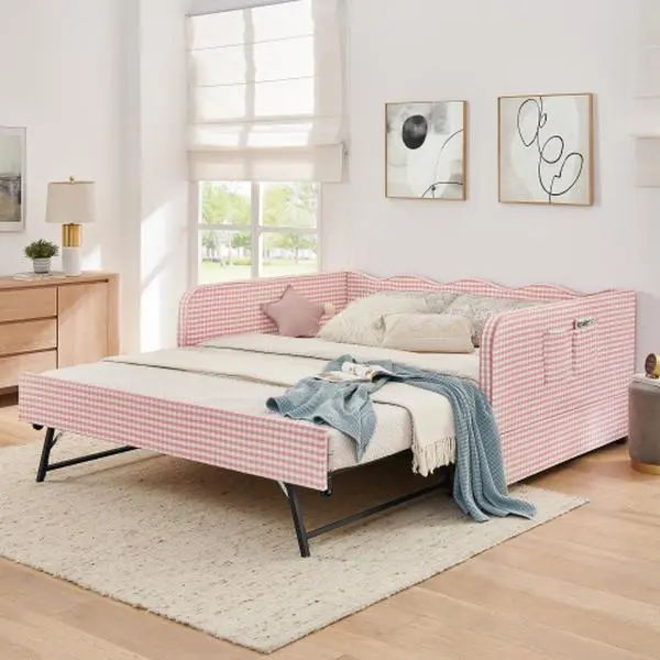 Bellemave Full-Size Gingham Upholstered 3-in-1 Convertible Sofa Bed - Daybed with Pull-Out Trundle, Side Storage Pockets, Ideal for Small-Space Living