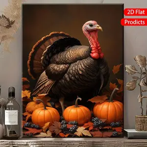 2D Flat, 1 Unique Canvas Painting, Solid Wood Frame, Seasonal Decoration Thanksgiving Turkey Decor with Pumpkins And Autumn LeavesVery Suitable for Home Decoration, Living Room or Bedroom and Other Party Decorations, Holiday Decorations, Waterproof
