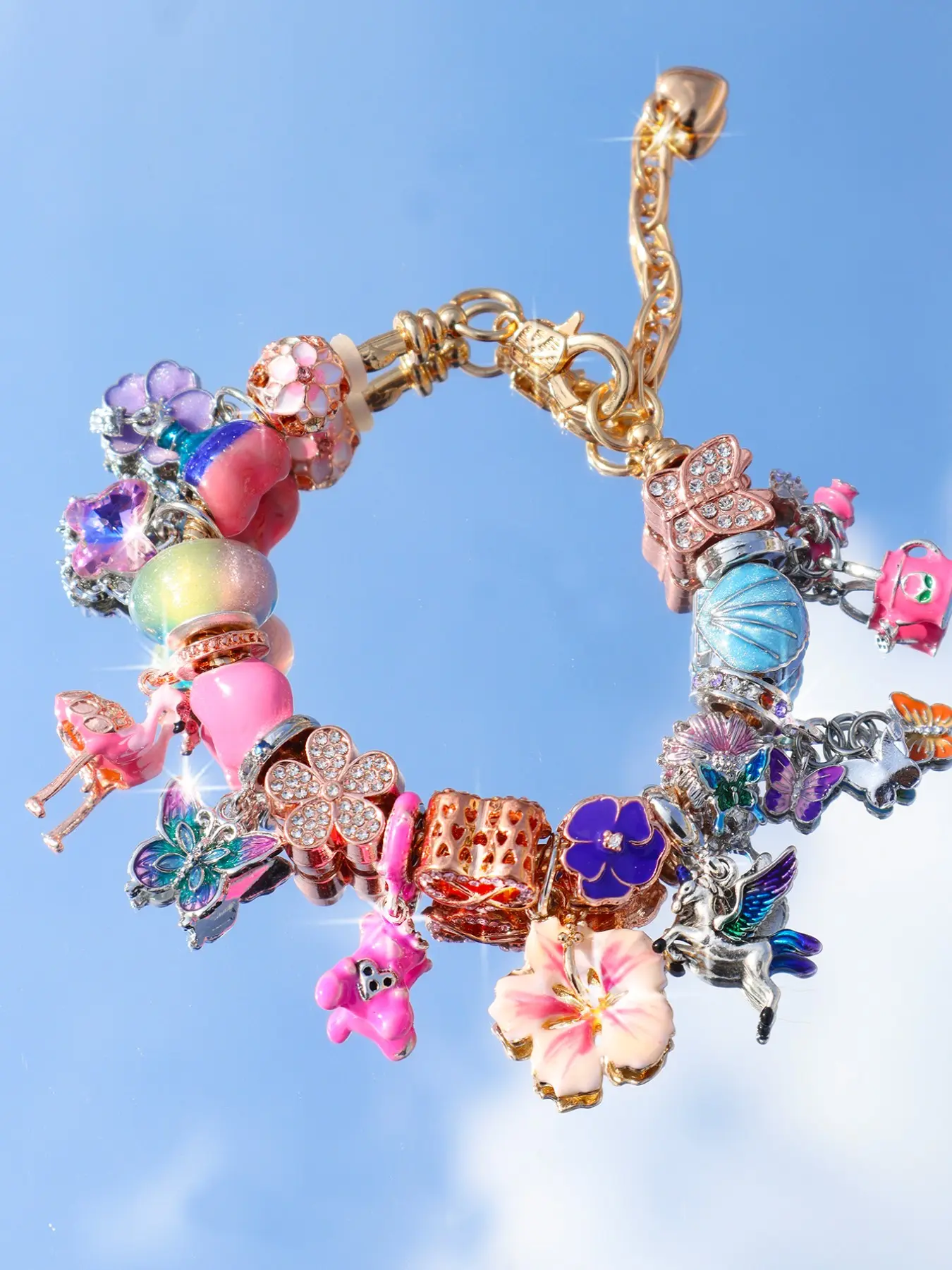 Summer Floral and Butterfly Charm Bracelet, DIY Bear Firebird Shell Charm Bracelet, Beach Vacation Jewelry, Unique Handmade Accessory, Butterflies Bracelet
