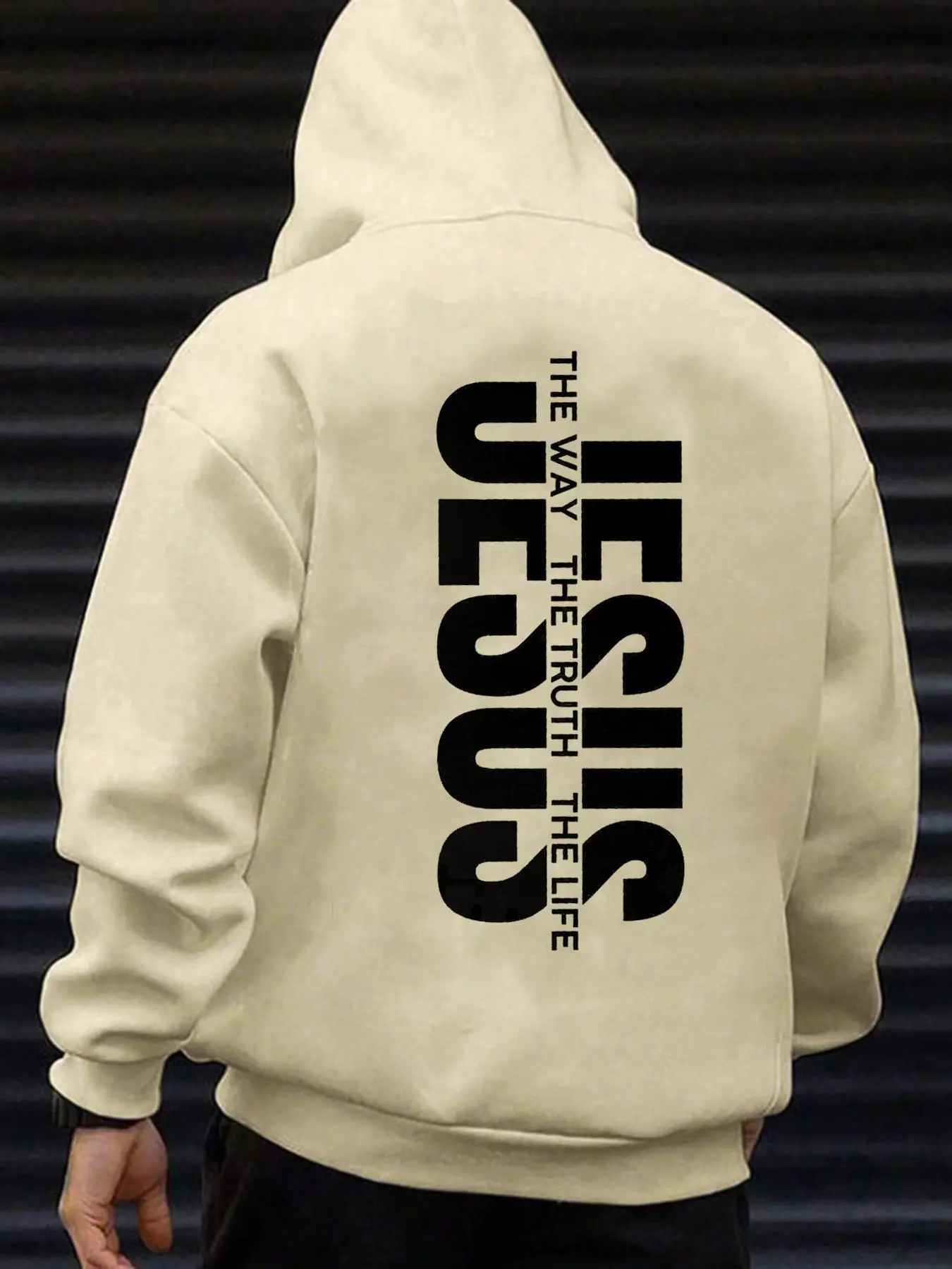 Men's Jesus The Way The Truth The Life Letter Print Knitted Hoodie, Fitted Casual Long Sleeve Graphic Hooded Sweatshirt for Daily Wear, Men's Clothes Tops for Fall & Winter, Casual Hooded Sweatshirts, Menswear, Fabric, Faith Based Streetwear