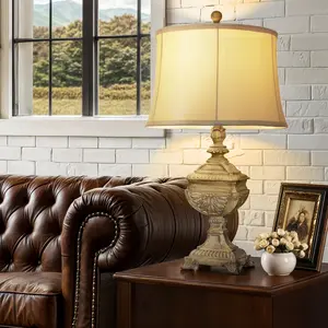 Single Pack 27 Inch Large Brown Resin Table Lamp Vintage Bedside Lamp with Linen Shade 9W LED Bulb for Living Room Study Room