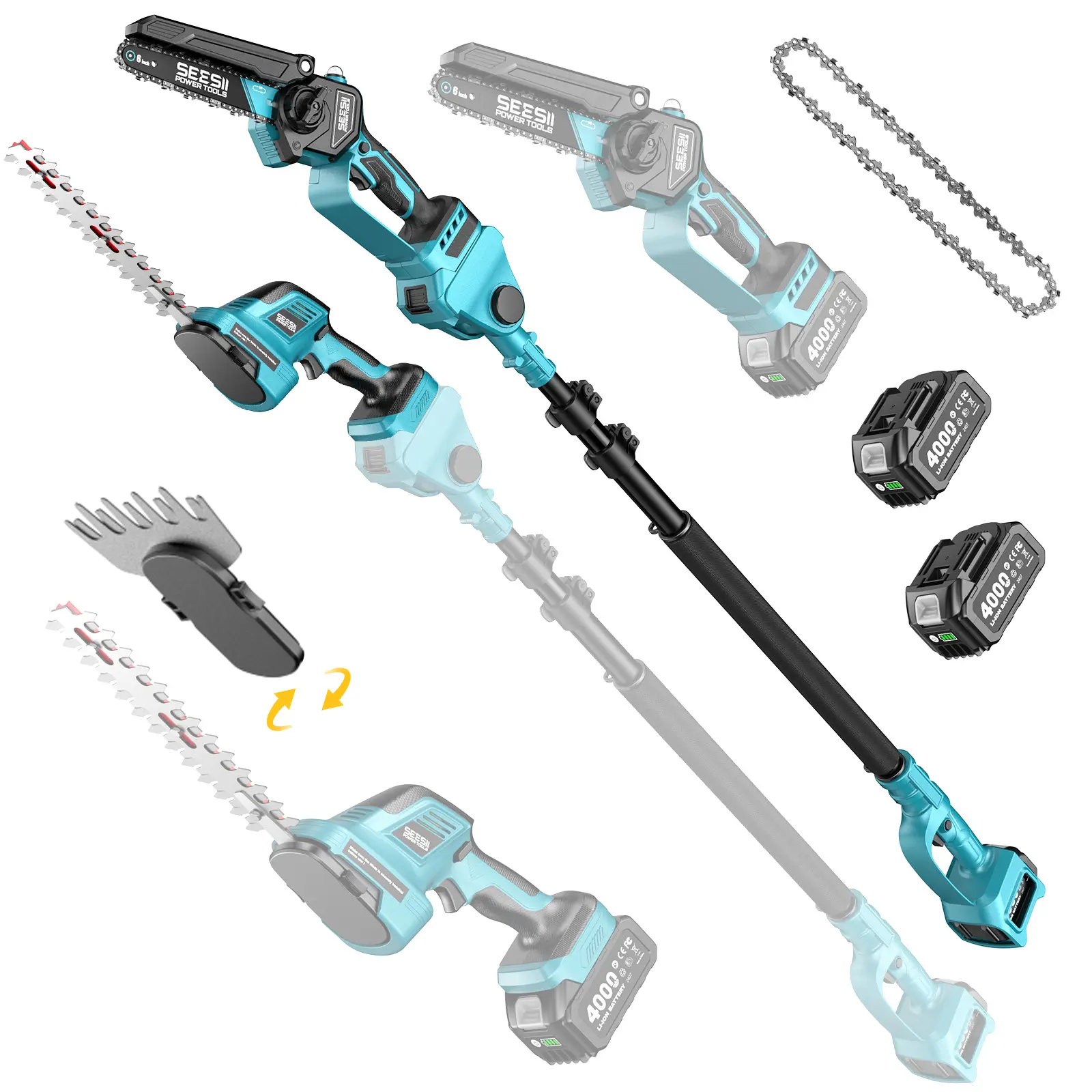 SEESII 6-in-1 Cordless Pole Saw and Pole Hedge Trimmer Grass Shears Combo Kit, Electric Mini Chainsaw with 2*4.0 Ah Batteries, Extension Tree Prunner, Bush Trimmer Limb Branch Cutter, 16ft Long Reach P6 Bonus CP610