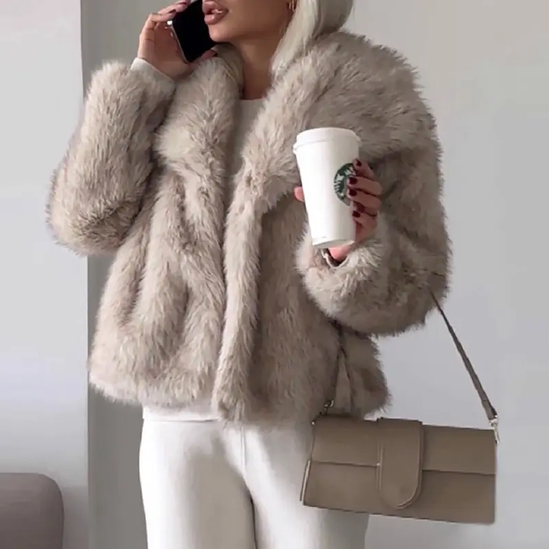 CHICME Women's Turn-down Collar Long Sleeve Faux Fur Warm Coat Jacket Casual Warm Fluffy Cropped Coat