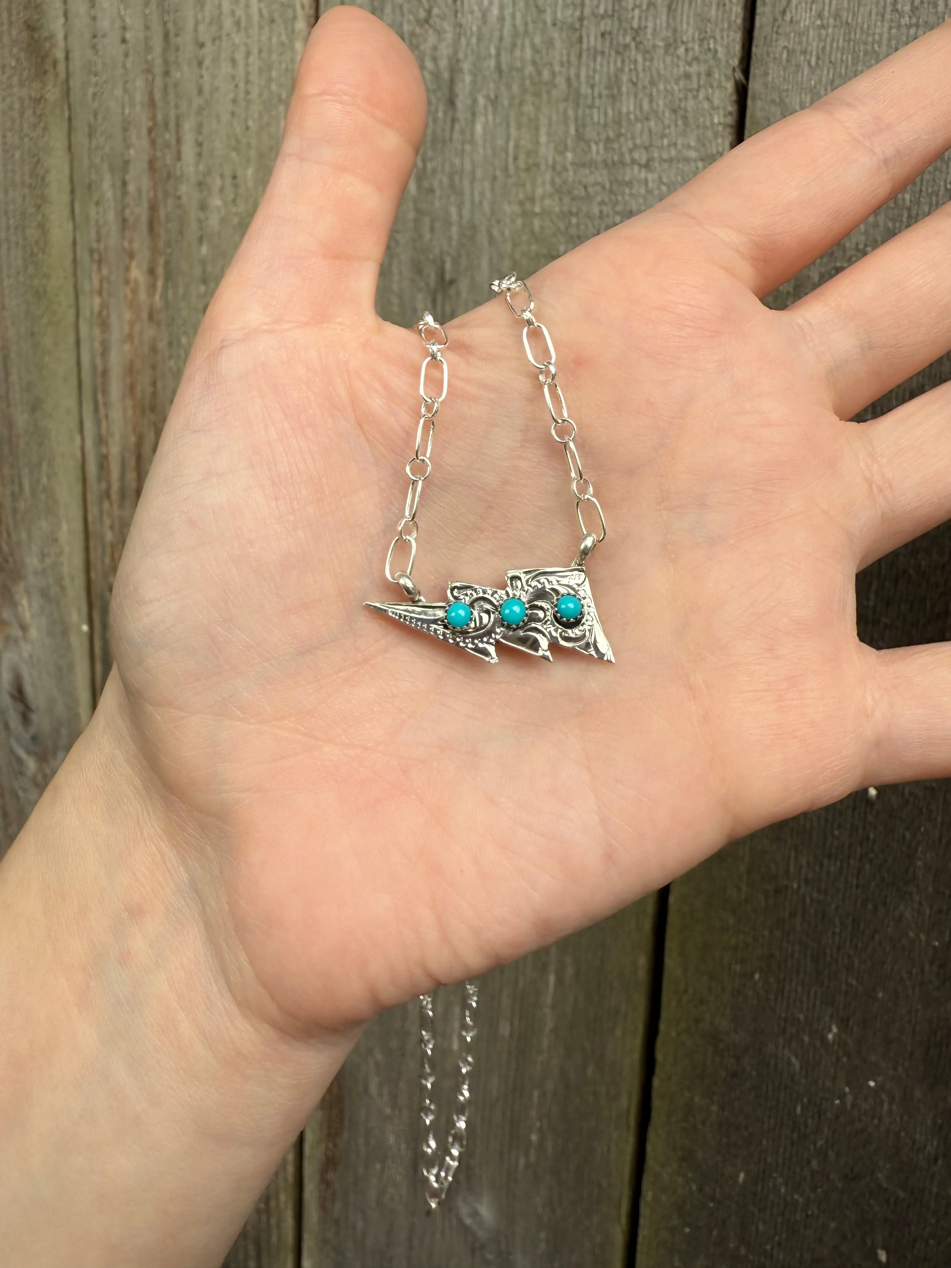 Navajo Turquoise Lightening Bolt  Sterling Silver Necklace by Arthur Bruggeman