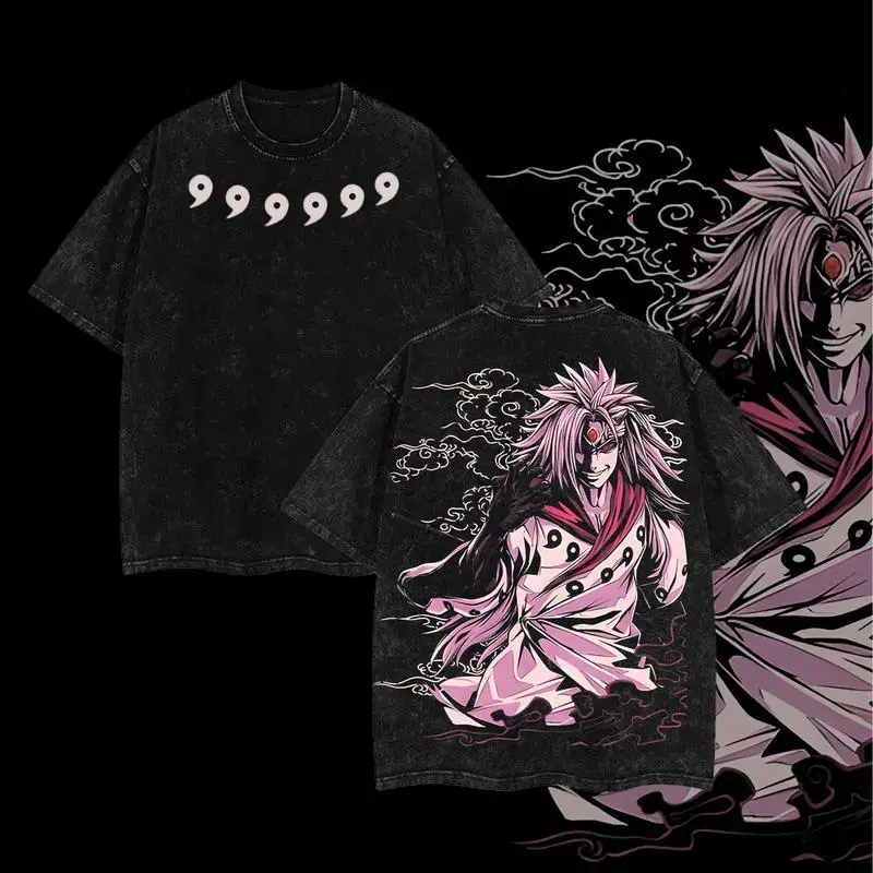 Men's Oversized T-Shirt with Madara Uchiha Graphic Print, Acid Washed 230gsm Heavyweight Cotton, Naruto Anime Gift with Free Expedited Shipping, Tops, Ribbed, Short, Streetwear, Tshirt, Round Neck, Fabric, Apparel, Shortsleeve, Stylish
