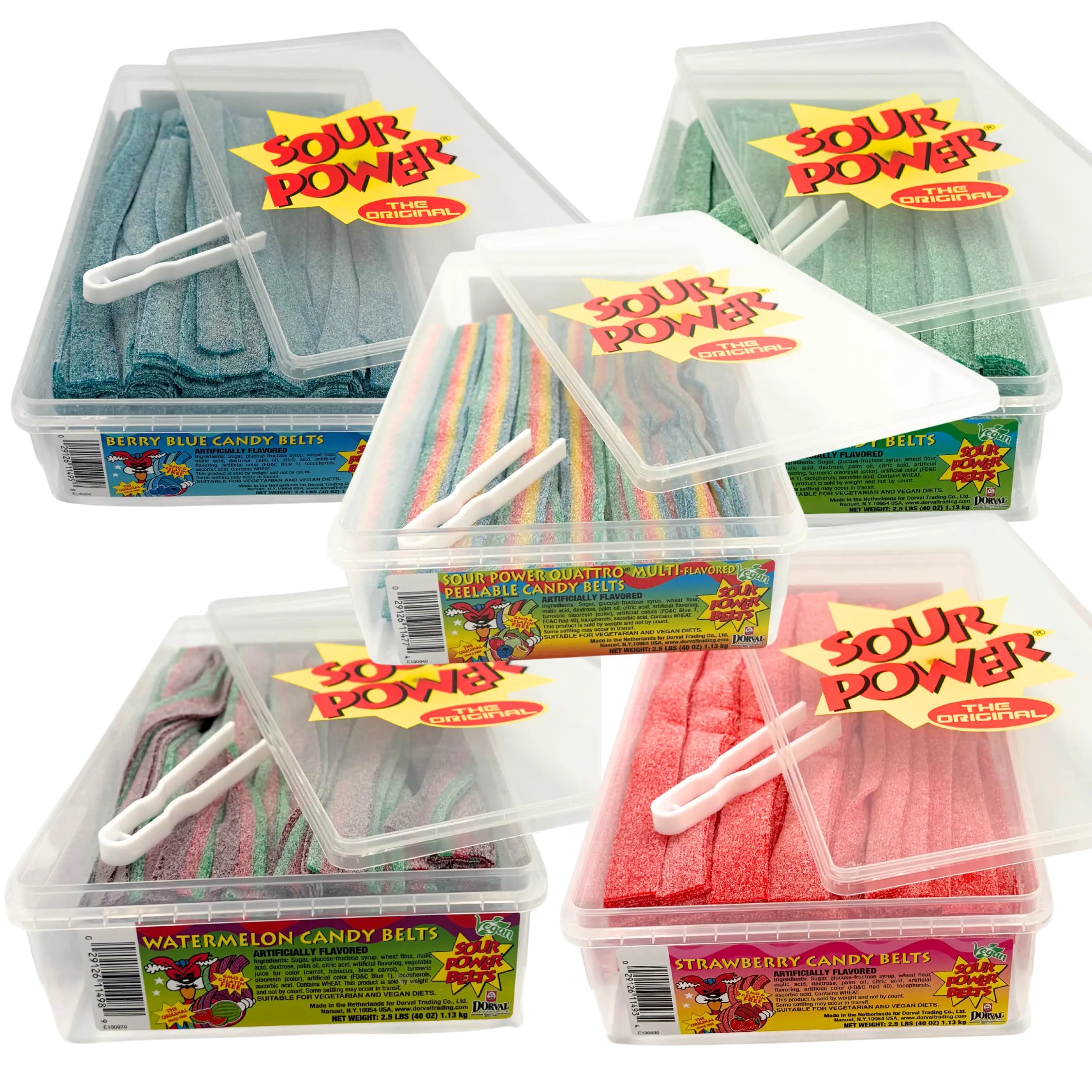 Sour Power Sour Strips 5 Flavors - Quattro(Rainbow) - Blueberry - Watermelon - Strawberry - Green Apple  - 2.5lbs Each Tub - 144 Sour Strips Per Tub - Pick your Flavor