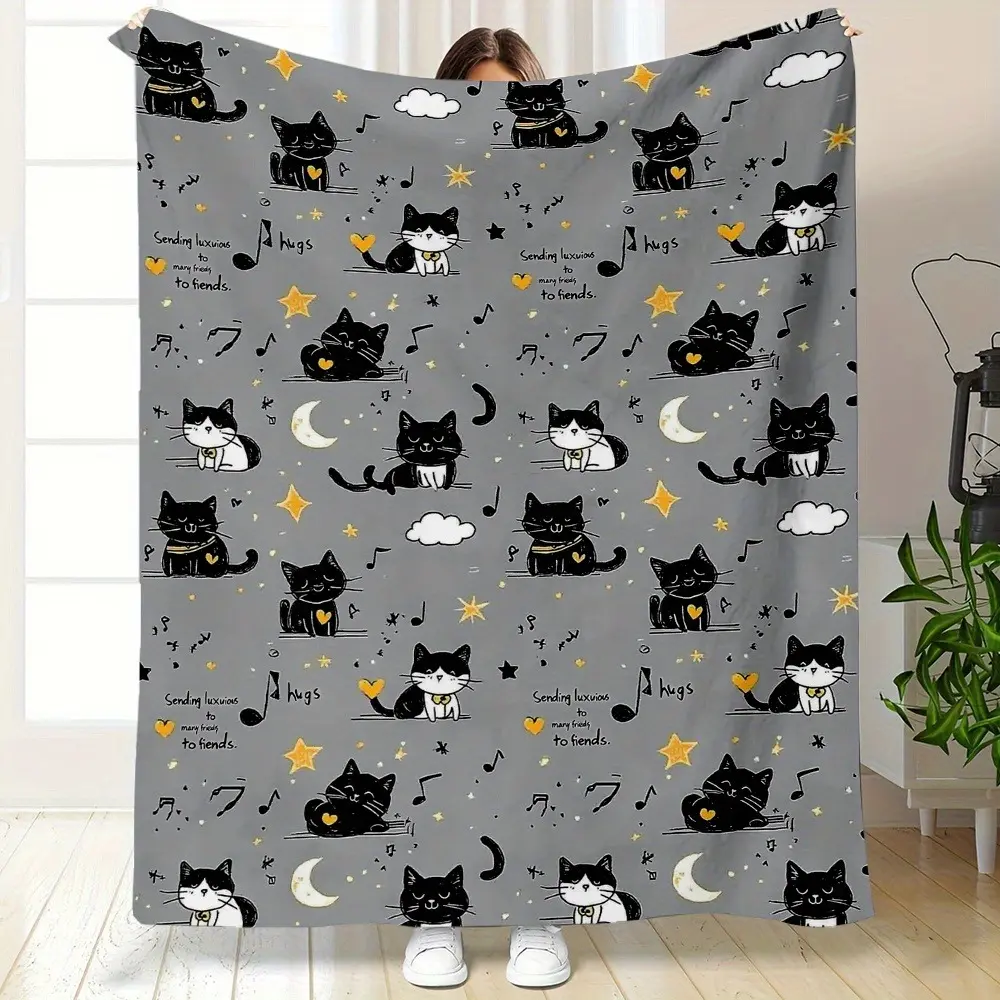 Cute Black Cat Character-Themed Flannel Blanket - Moon Star Music Note Cartoon Print, Soft Warm Fuzzy Throw, Blanket Gifts for Cat Mom Women, Cute Animal Home Decor for Bedroom Sofa Cozy Setup