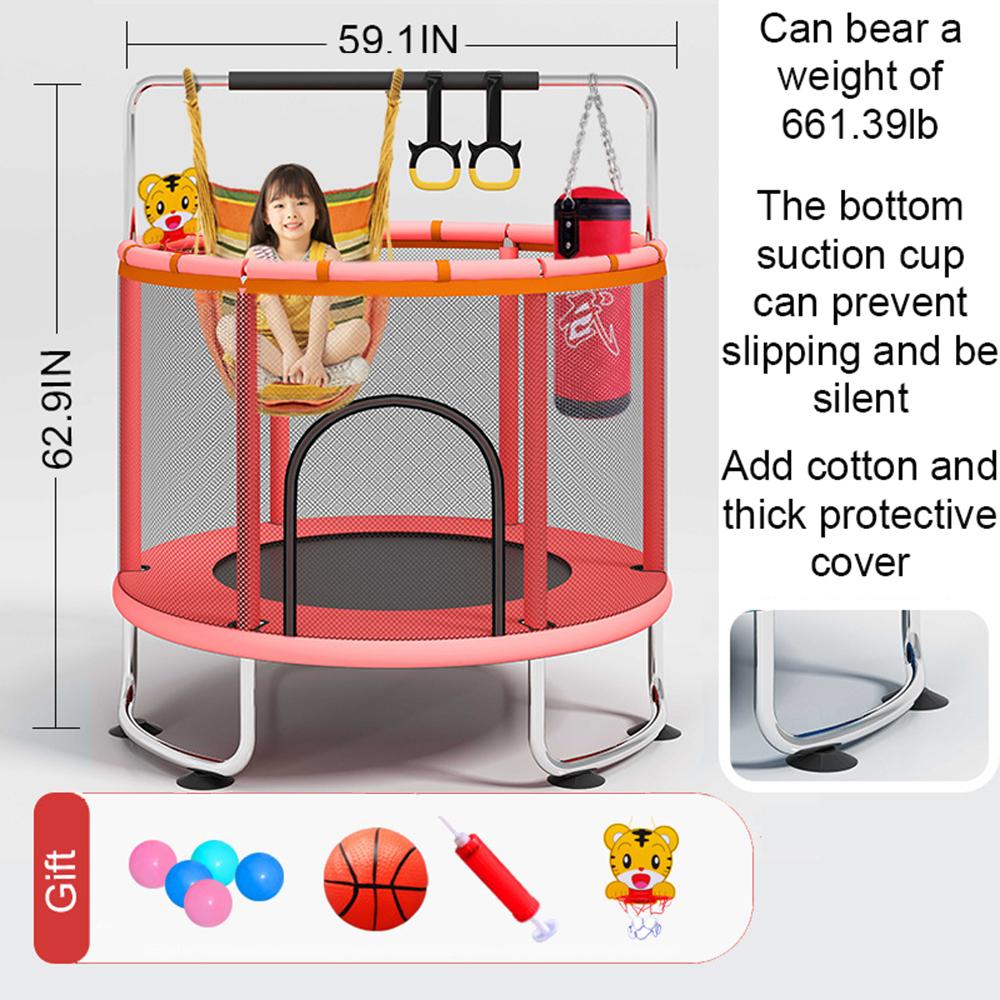 60" Trampoline for Kids, Indoor/Outdoor Mini Baby with Safety Enclosure Net, Adjustable Toddler with Basketball Hoop, Gifts for Boys & Girls