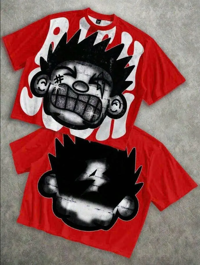 Manfinity Roghcode Men's Oversized Distressed Funny Diamond Teeth Tattoo Big Face Allover Print Cropped Loose T-Shirt