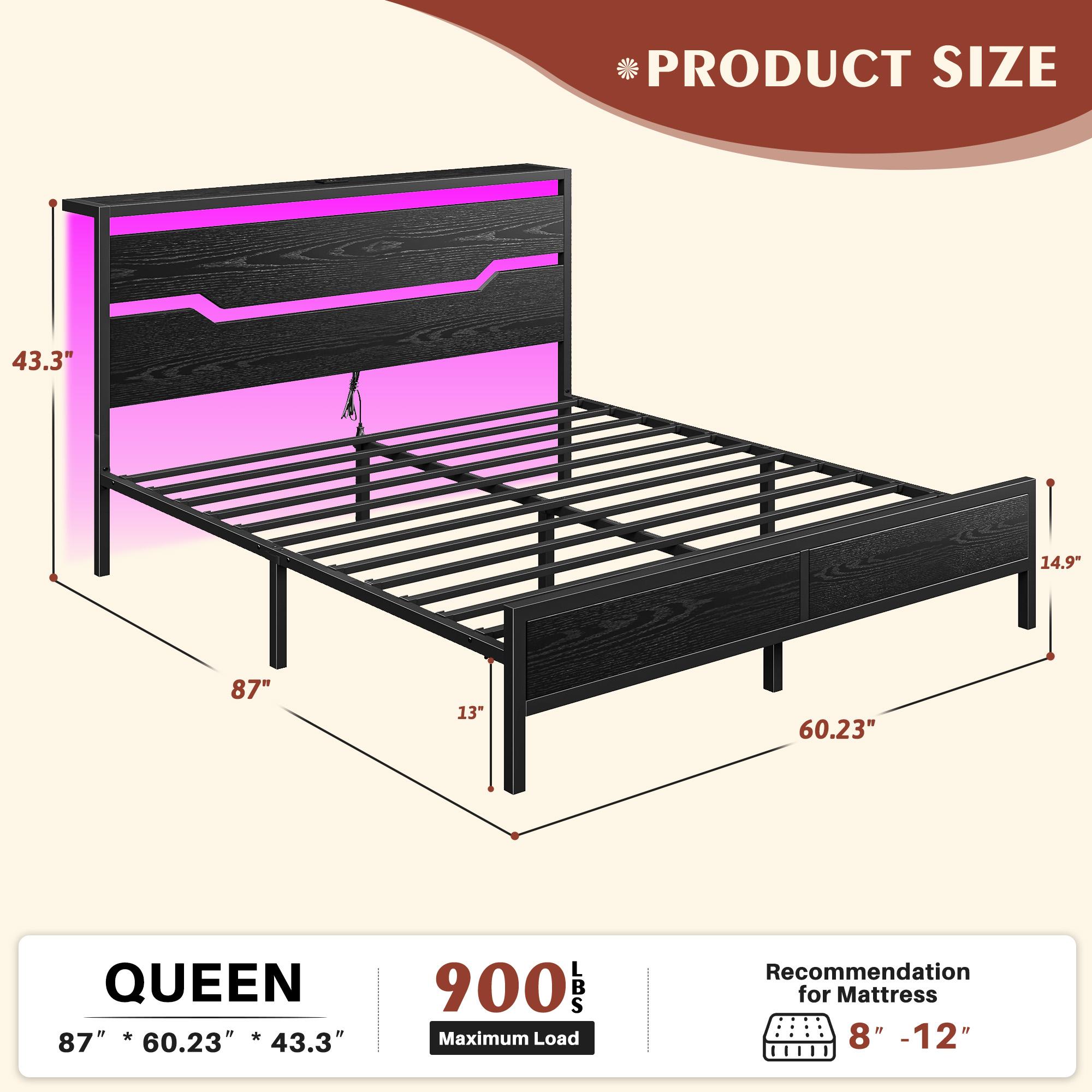 Wood Bed Frame for Queen King Full with Headboard & Storage Shelf, Queen Size Bed Frame with LED Lights & Charging Station,  No Mattress, Holds up to 900LBS with Metal Slats & Frame, No Noise