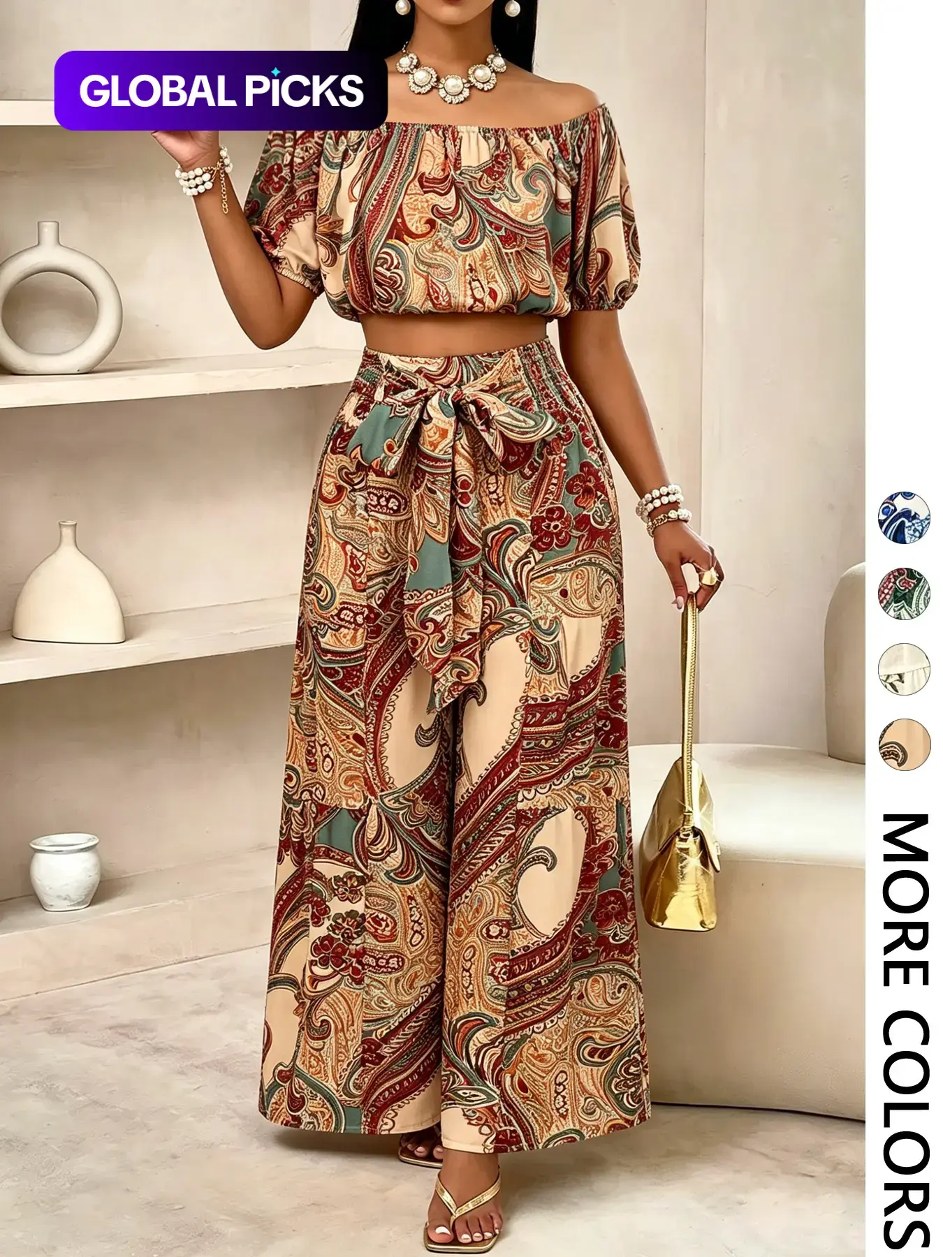 Women's Summer Paisley Print Bohemian Boho Vintage Chic Vacation Two-Piece Casual Set Outfit, Off-Shoulder Bubble Sleeve Crop Top + High Waist Adjustable Drawstring Wide Leg Pants