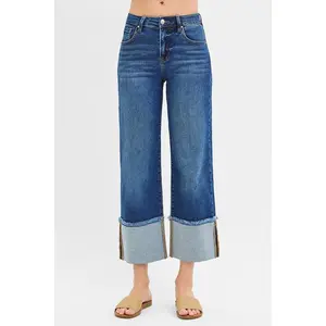 RISEN Full Size Mid Rise Crop Wide Wide Cuffed Jeans Plus Size