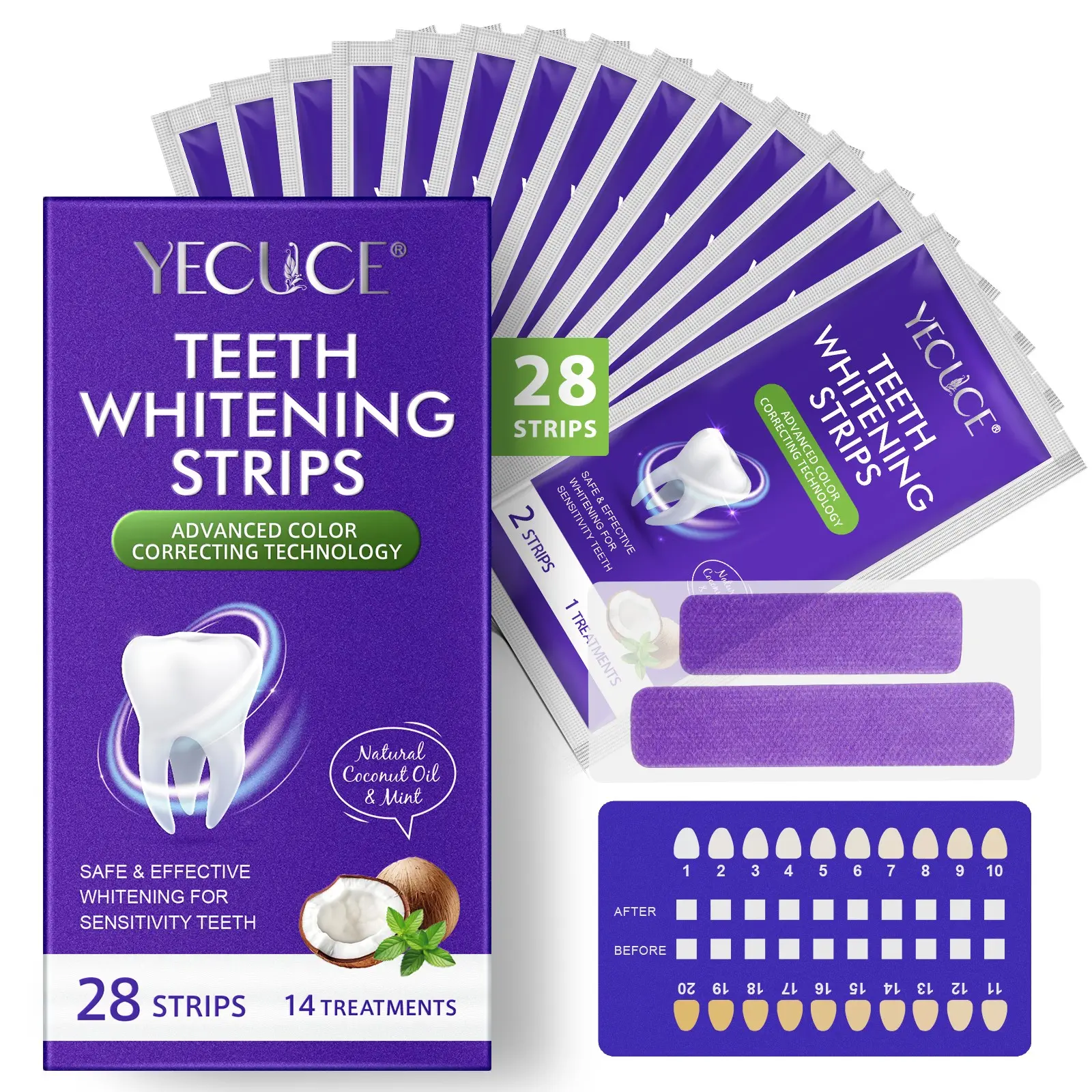 YECUCE Purple Tooth Stickers, 14 pcs Whitening Teeth Strips, Teeth Brightener Strips, Teeth Brightening Strips, Teeth-Care Neutralizes Yellow Teeth and Brightens Smile, Suitable for After Meals and Before Dates, For Adult Use Only