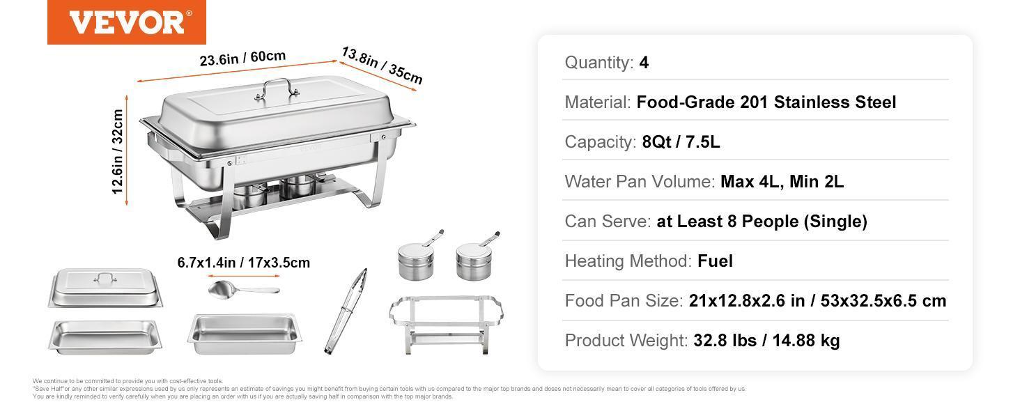 VEVOR Chafing Dish Buffet Set, 8 Qt 4 Pack, Stainless Chafer with 4 Full Size Pans, Rectangle Catering Warmer Server with Lid Water Pan Folding Stand Fuel Tray Holder Spoon Clip, at Least 8 People Eac VEVOR Chafing Dish Buffet Set, 8 Qt 4 Pack, Stainless Chafer with 4 Full Size Pans, Rectangle Catering Warmer Server with Lid Water Pan Folding Stand Fuel Tray Holder Spoon Clip, at Least 8 People Eac
