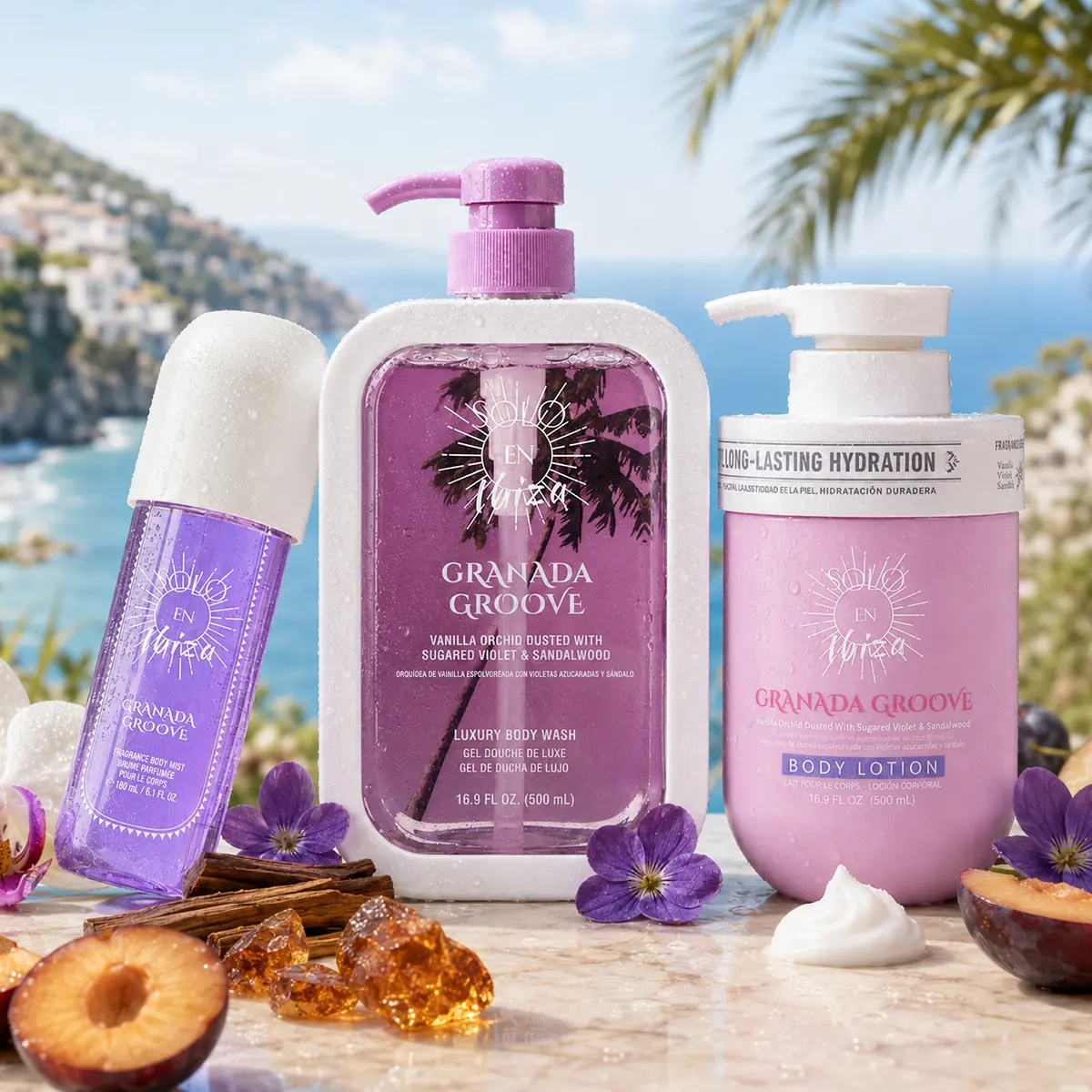 SOLO EN IBIZA Granada Groove 3-Piece Bath & Body Layering Set, 6.1 fl oz (180ml) Fragrance Mist & 16.9 fl oz (500ml) Body Lotion & 16.9 fl oz (500ml) Body Wash, Long-Lasting Plum, Violet & Sandalwood Scent