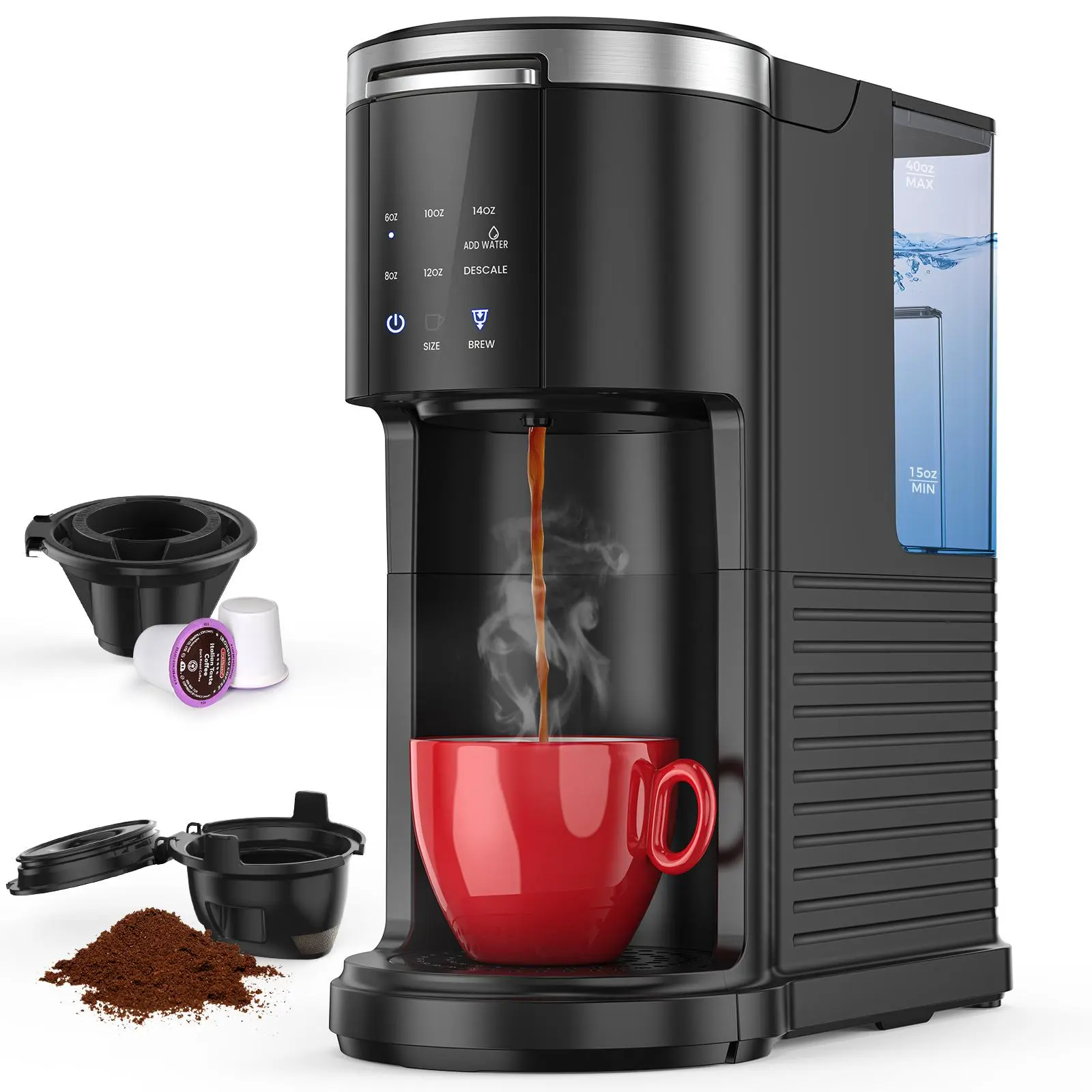 COWSAR Single Serve Coffee Maker, Coffee Brewer for K-Cups Pods and Ground Coffee, Capsule Coffee Machine with 40oz Water Tank, 5 Brew Sizes Up To 14cz, Black
