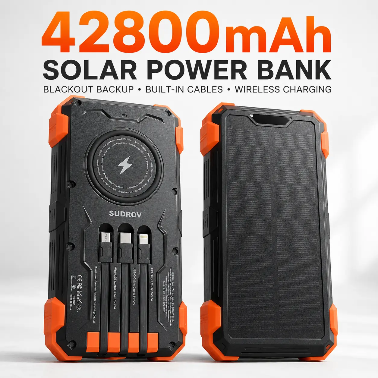 Sudrov 42800 mAh Solar Charger Power Bank Wireless Charger Built in 4 Cables 7 Outputs 15 Watts Fast Charging Power Bank for All Mobile Devices 3 Inputs Solar Portable Charger with Dual Flashlights, Carabiner and Thermometer tiktokshopbacktoschool