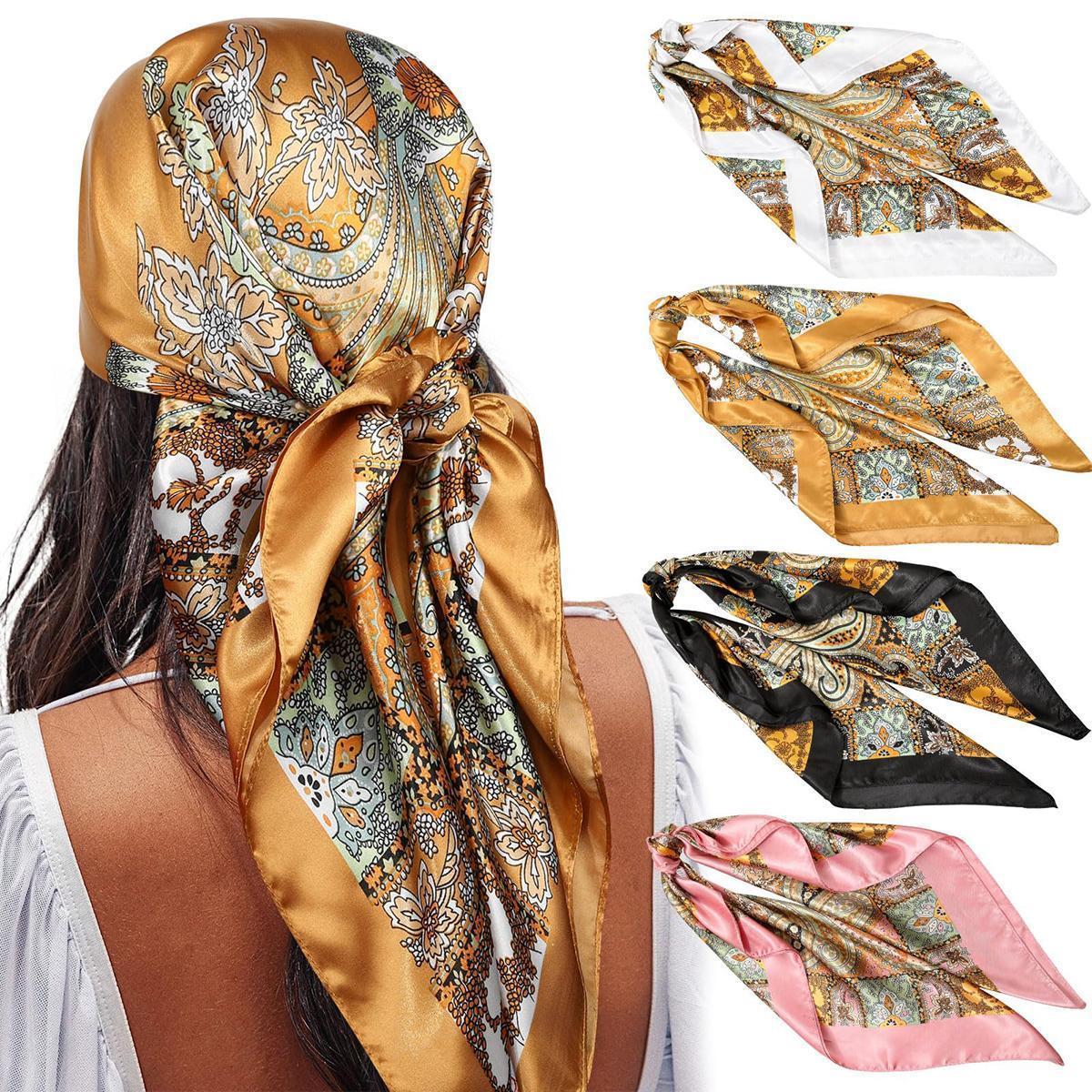 4PCS/Set 35'' Printed Square Head Scarf Neck Scarves for Women Silk Like Hair Kerchief Bandanas Neck Scarf Sleeping Head Wraps Hair Band Headscarf Female Hair Accessories