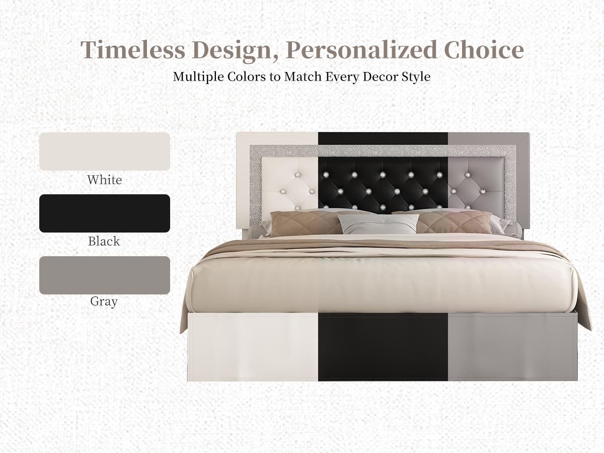SIBEDS Queen Bed Frame with Adjustable Headboard, PU Upholstered Platform Bed for Bedroom, LED Lighting and Skirt, Diamond Tufted Design, Wooden Slat Support, Easy Assembly