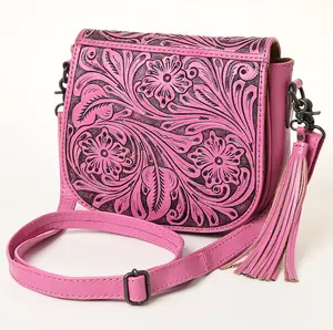 American Darling Hand-Tooled Western Leather Crossbody Bag Genuine Leather Pink Tassel Purse