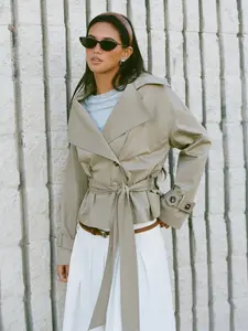 Cider Cotton-blend Collar Long Sleeve Belted Crop Windbreaker