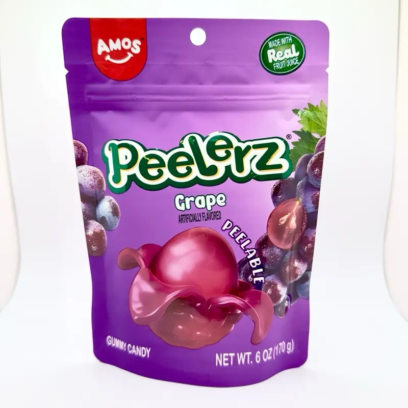 Amos Peelerz Grape Gummy Candy - Peelable Fruit-Shaped, Soft, Natural Corn-Based, Low Sugar, GMO/Glycerin/Gelatin-Free, Chewable, 6 oz (170g) Resealable Cupboard-Storable Bag, Juicy Tropical Tangy Snack for All Ages