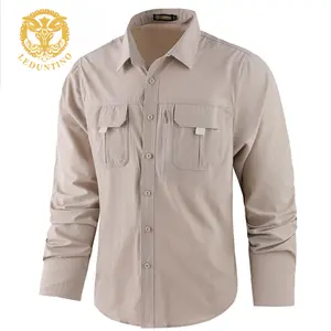 LEDUNTINO Men's Beige Plain Button-Up Shirt, Polyester Menswear, Loose Comfortable Fit Long Sleeve, Pockets, Medium Size Classic Stylish Outdoor Wear Casual Top