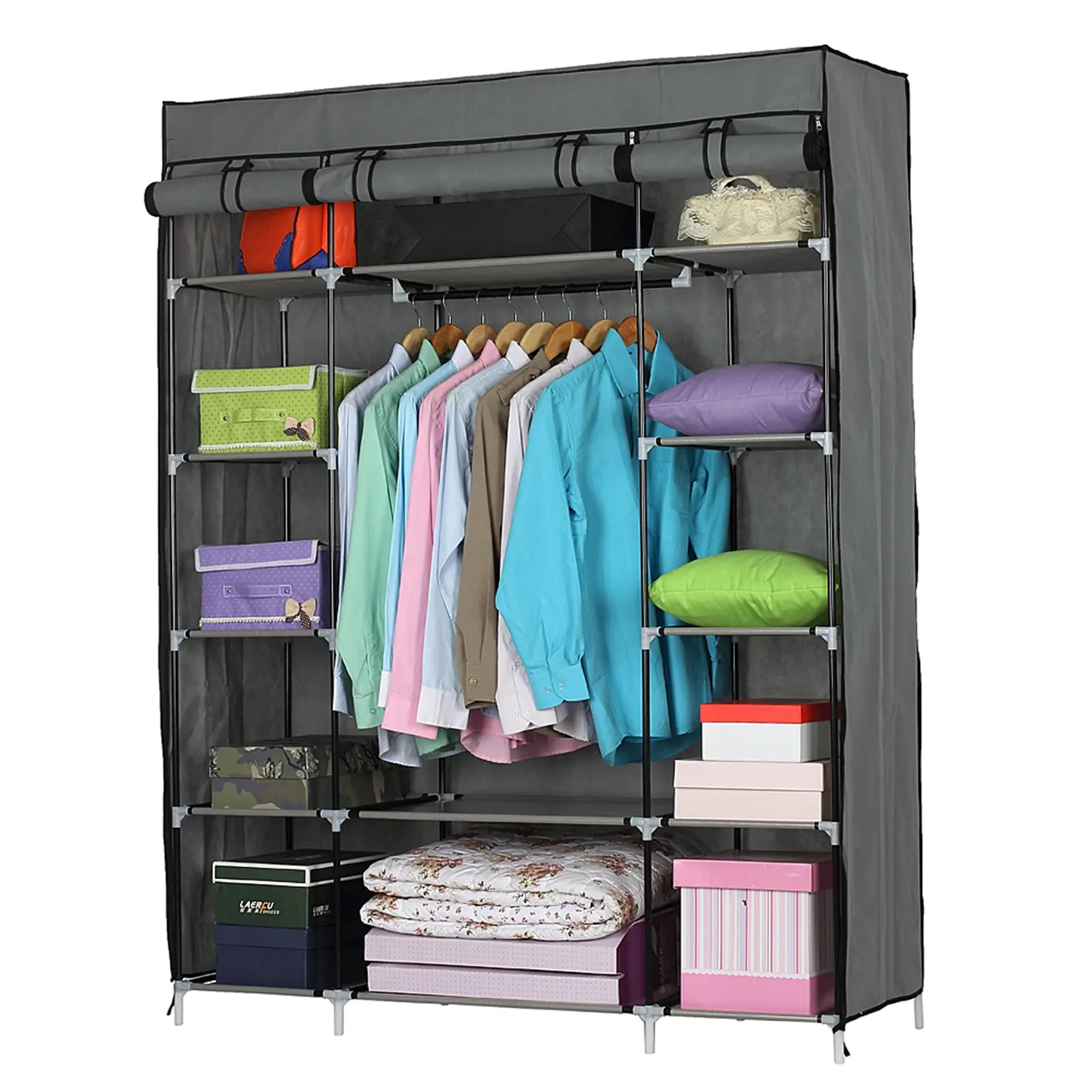 5-layer closet, 12-compartment wardrobe, portable closet, non-woven fabric wardrobe, clothes storage organizer, hanging rods, rolling front doors, dustproof closet, gray wardrobe, bedroom closet, easy assembly closet, 52.4x18.1x67 in.