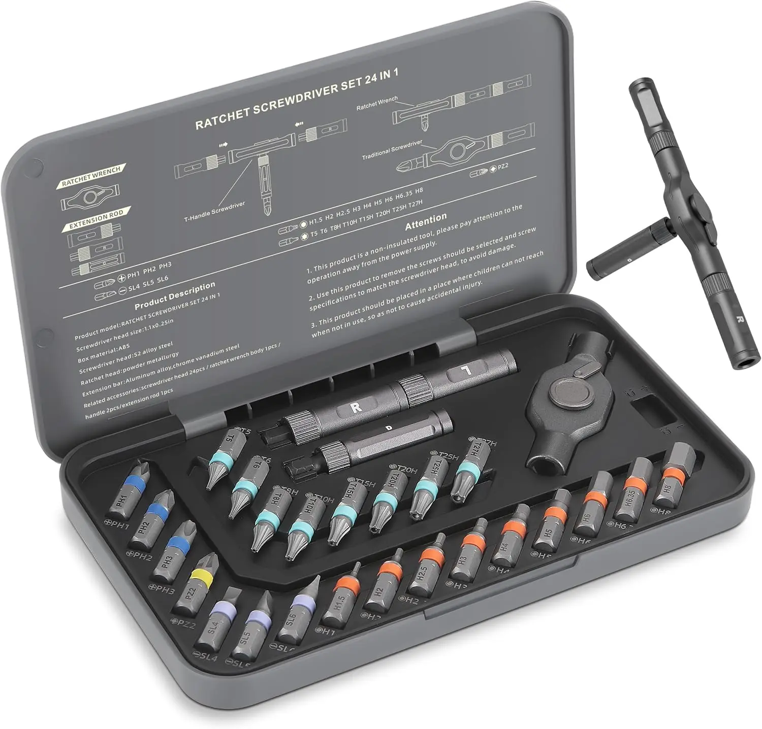 Screwdriver Set 24 in 1 Magnetic Ratchet with Precision Bits – Ideal for Home Repairs, DIY Projects, and Electronics – Ergonomic Rotatable Ratchet Handle and Storage Case –Perfect Holiday Gift R RUCKERCO