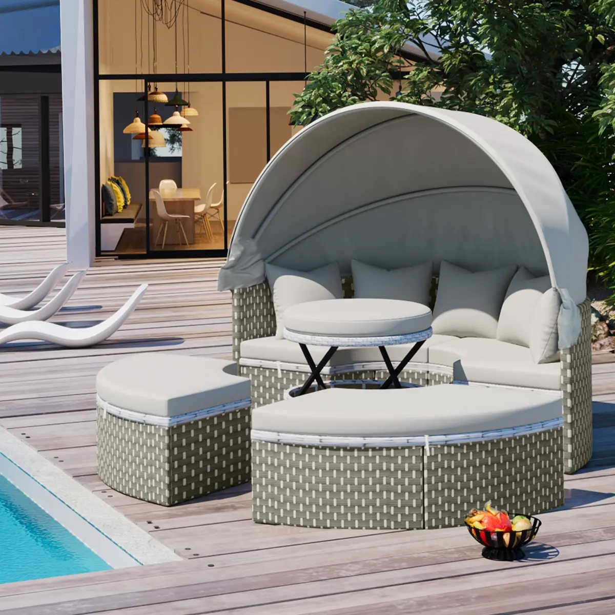 Direct Wicker UBS-SP100023AAE Outdoor Sectional Sofa Set Rattan Daybed Weave Sunbed with Retractable Canopy, Gray