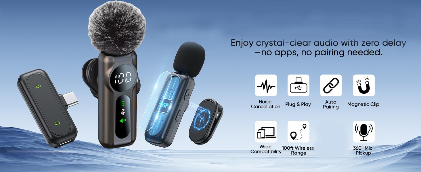 PQRQP Wireless Lavalier Microphone Dual Set-Magnetic Clip Mic Plug & Play Clip-on Mic with Auto Pairing, Magnetic Mount, Noise Cancelling, for iPhone, Android, USB-C Devices, YouTube, Podcast & Video Recording