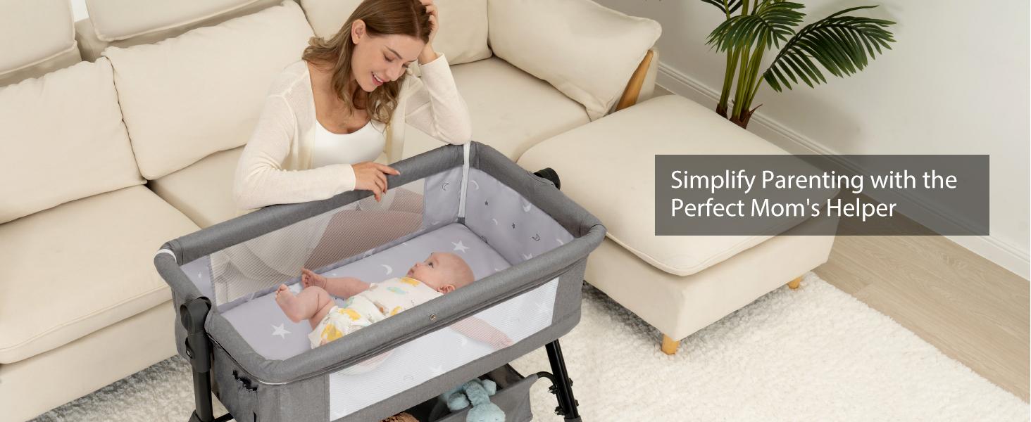 Baby Bassinet Sleeper, 6 Height Adjustable Cribs, Easy to Fold Portable Crib Side Bassinet, Swing Cradle Bed Side Sleeper with Ventilated Net&Wheels Folding Cot Layer Floorbed