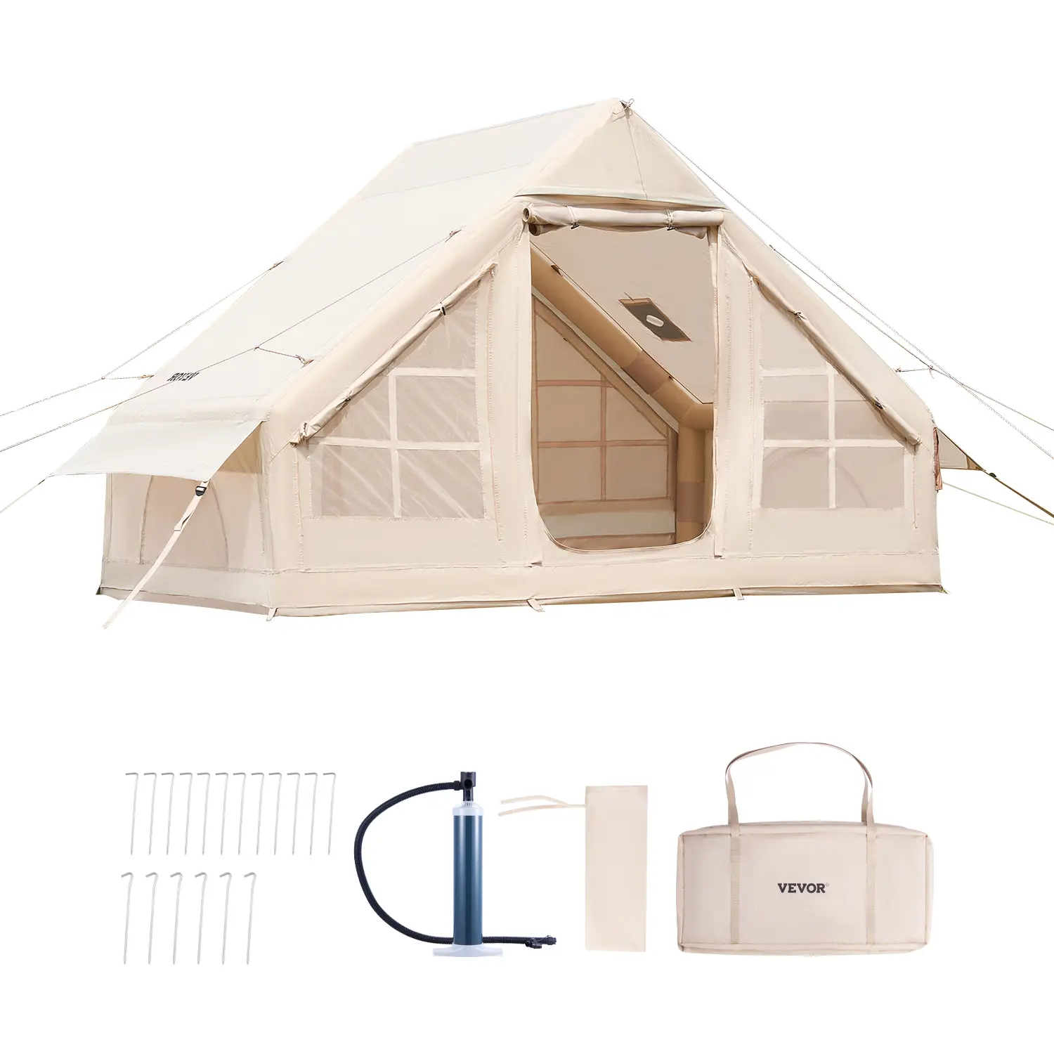 VEVOR Inflatable Tents for Camping,  3-5 Person Easy Setup Blow up Tent with Hand Pump, 300D Oxford 4 Season Glamping Tent with Stove Jack 2 Doors & 2 Mesh Windows, Storage Bag Included for Easy Taking